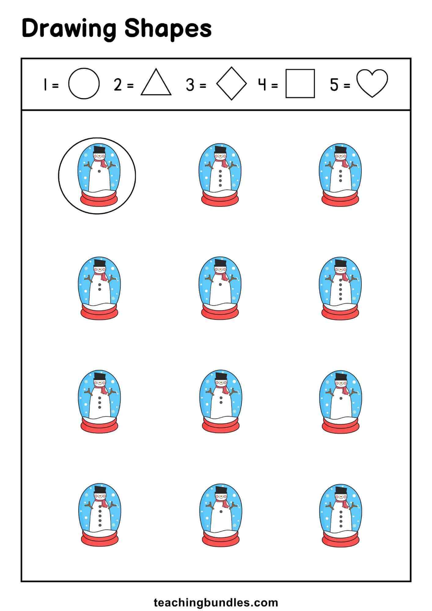 Snow globe worksheet combining numbers, snowmen, and shapes.
