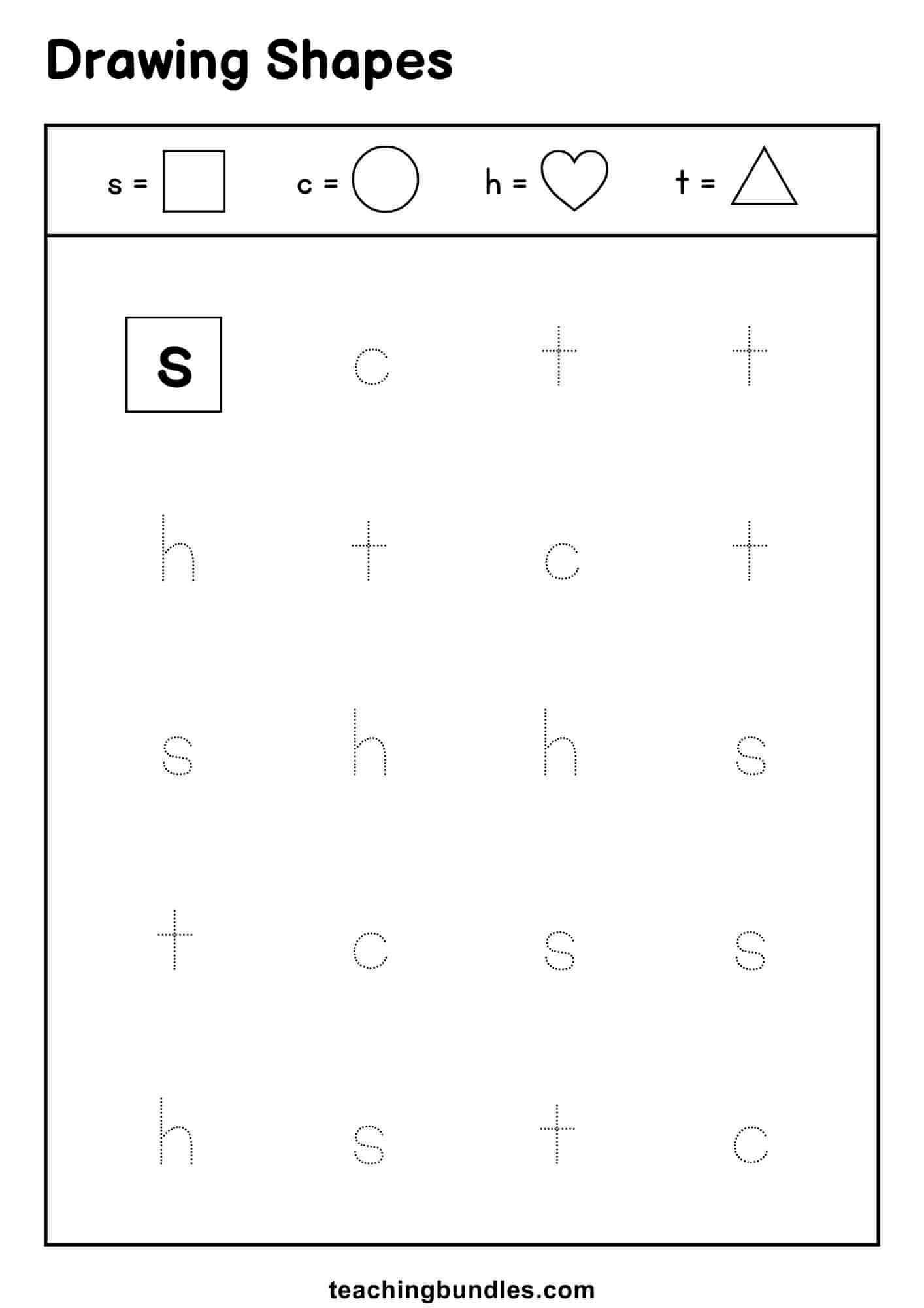 Practice worksheet combining letters and shapes for early learning.