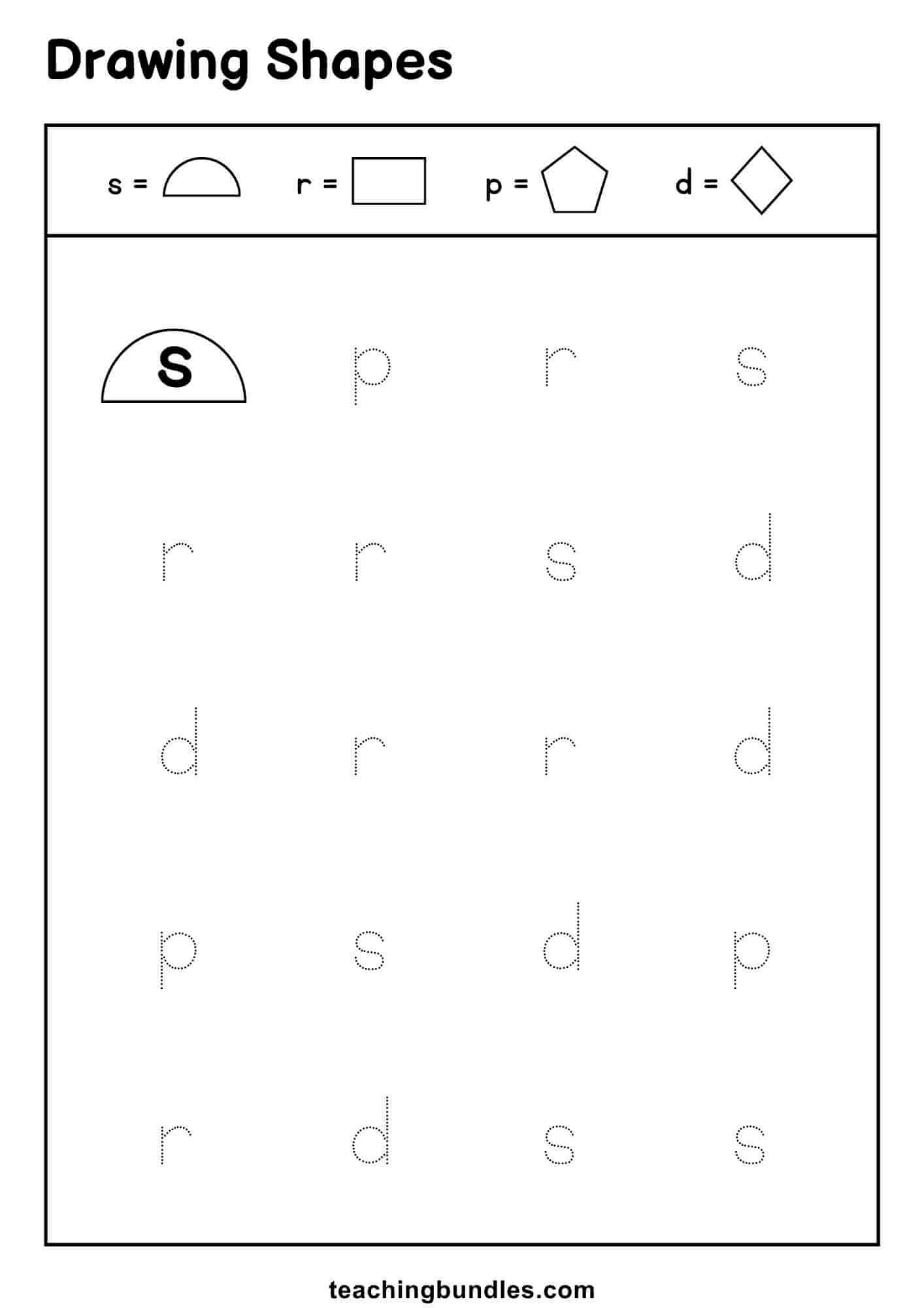 Practice worksheet combining letters and shapes for early learning.