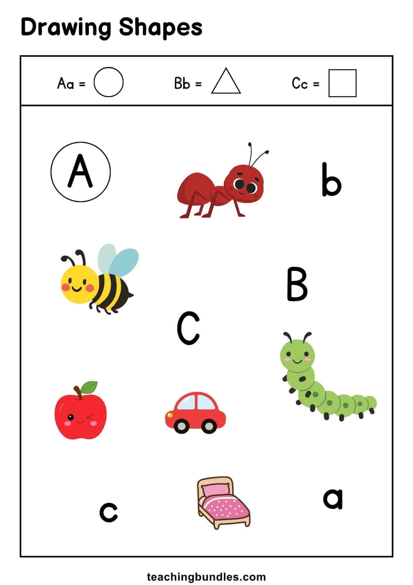 Shape activity sheet connecting A, B, C letters with shapes.
