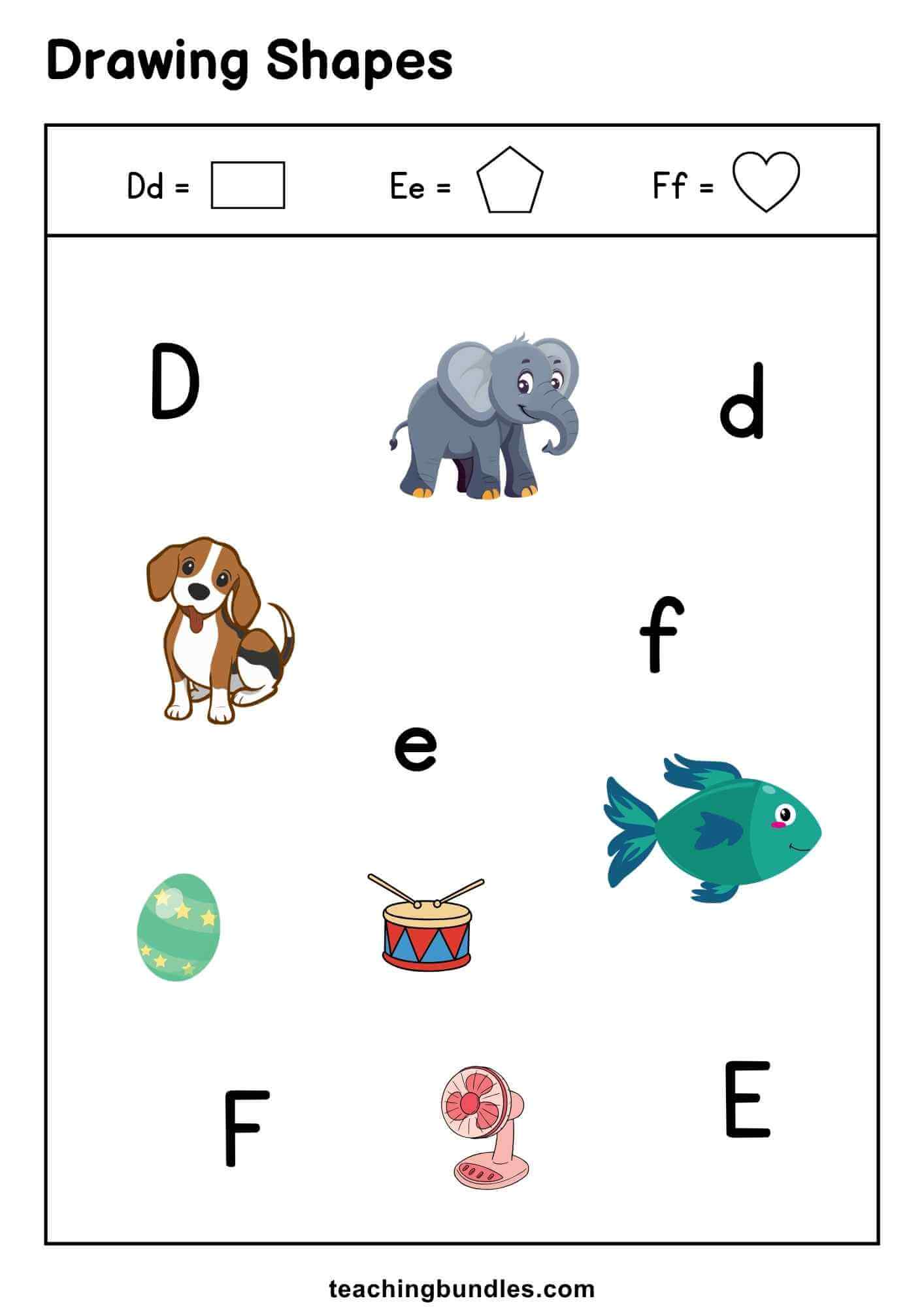 Shape activity sheet connecting D, E, F letters with shapes.