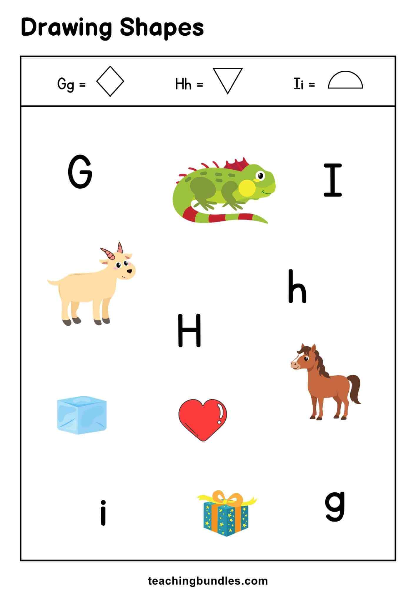 Shape activity sheet connecting G, H, I letters with shapes.