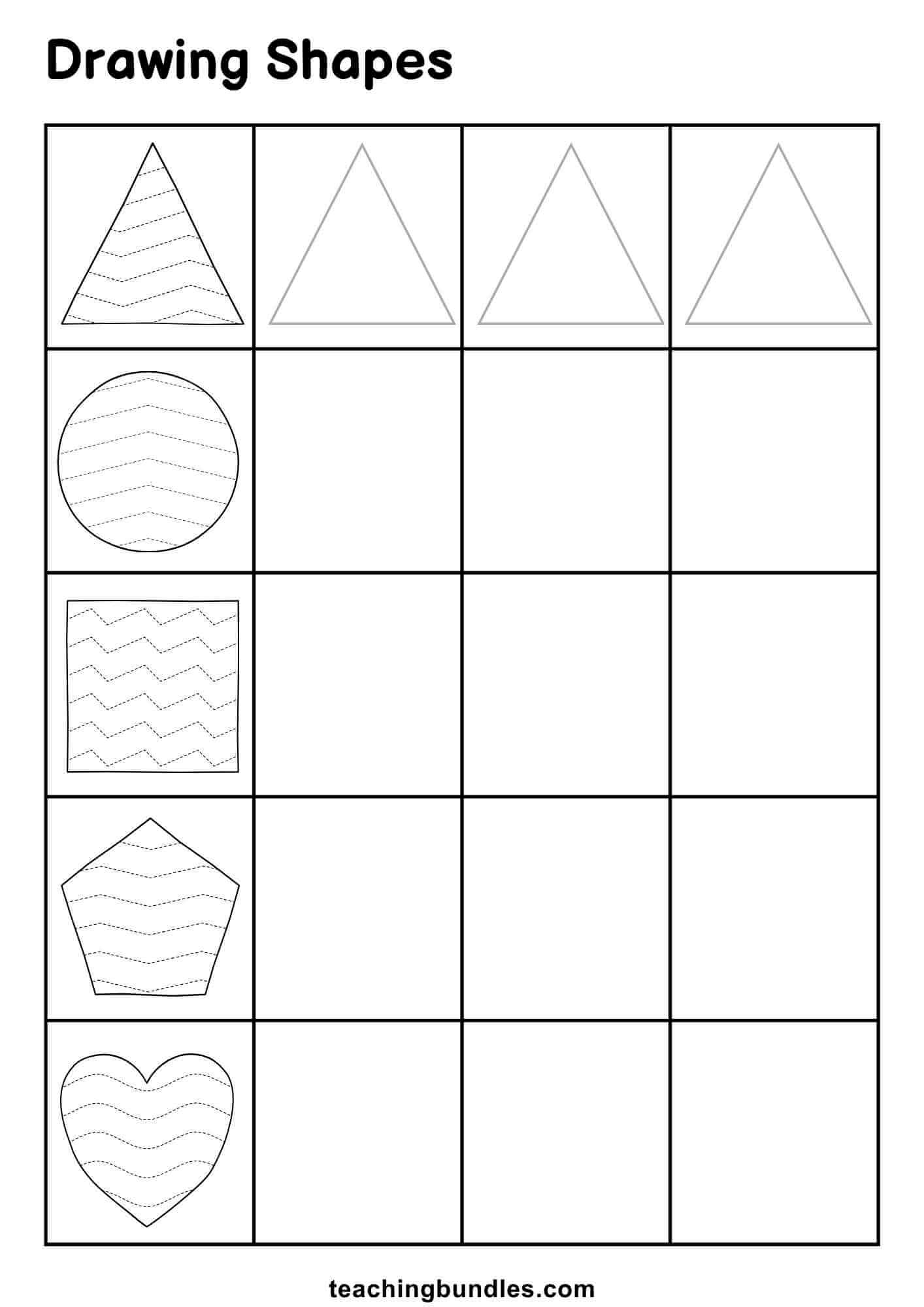 Shape drawing worksheet with tracing guides.