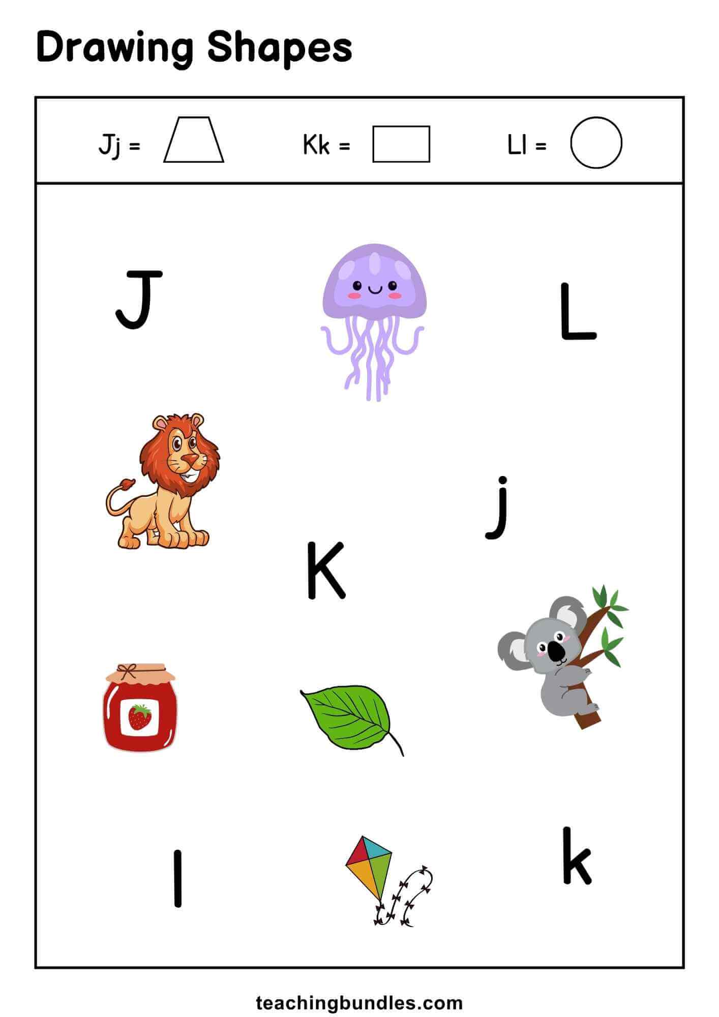 Shape activity sheet connecting J, K, L letters with shapes.
