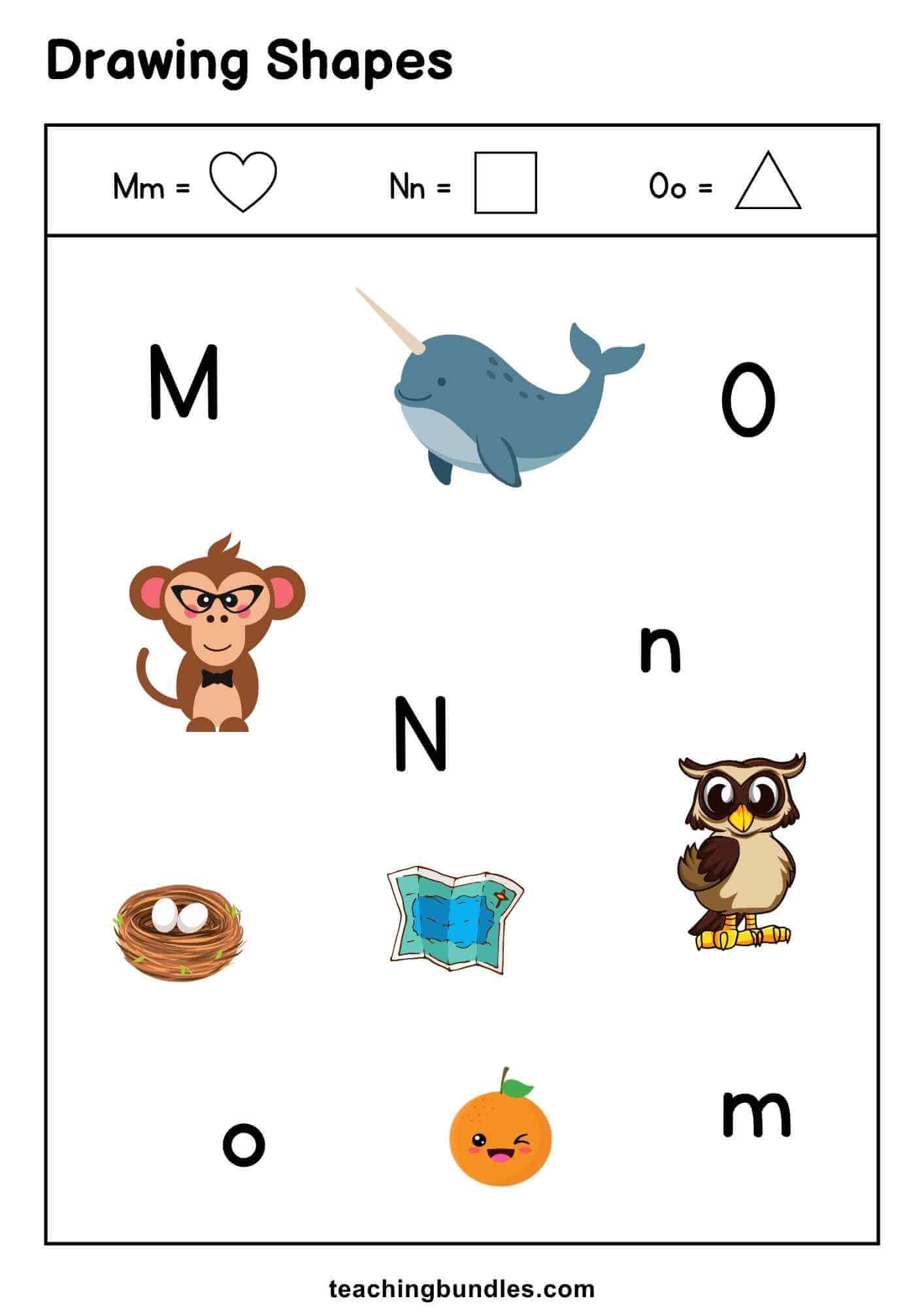 Shape activity sheet connecting M, N, O letters with shapes.