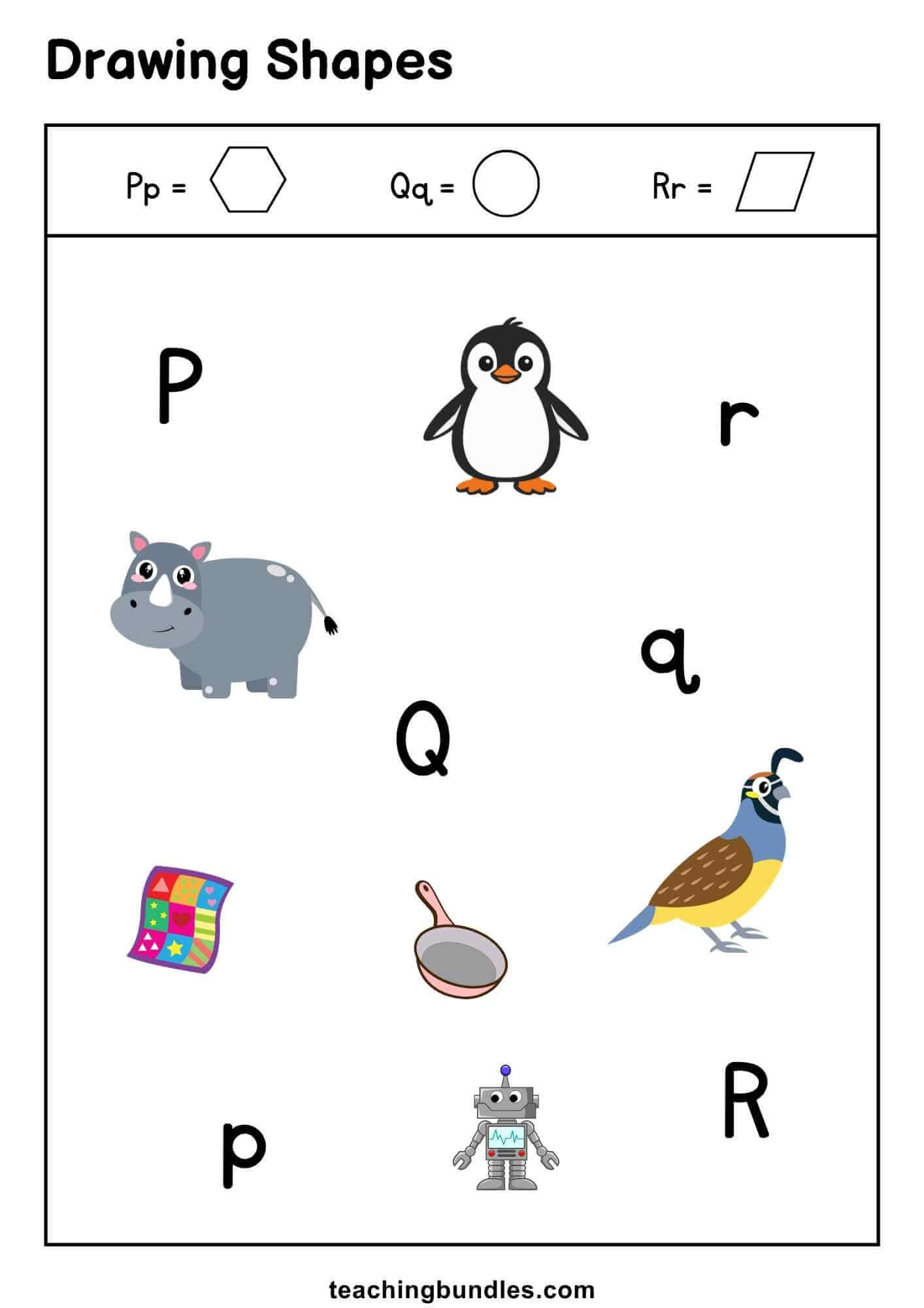 Shape activity sheet connecting P, Q, R letters with shapes.