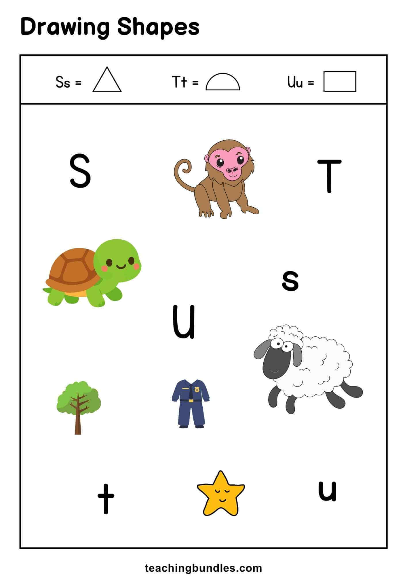 Shape activity sheet connecting S, T, U letters with shapes.