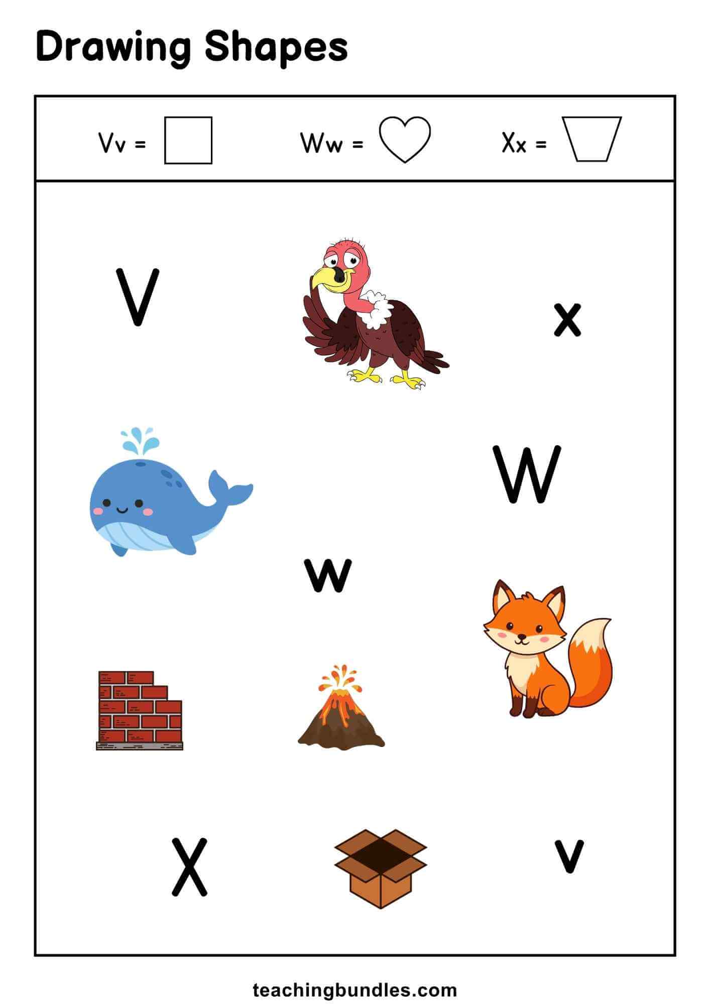Shape activity sheet connecting V, W, X letters with shapes.