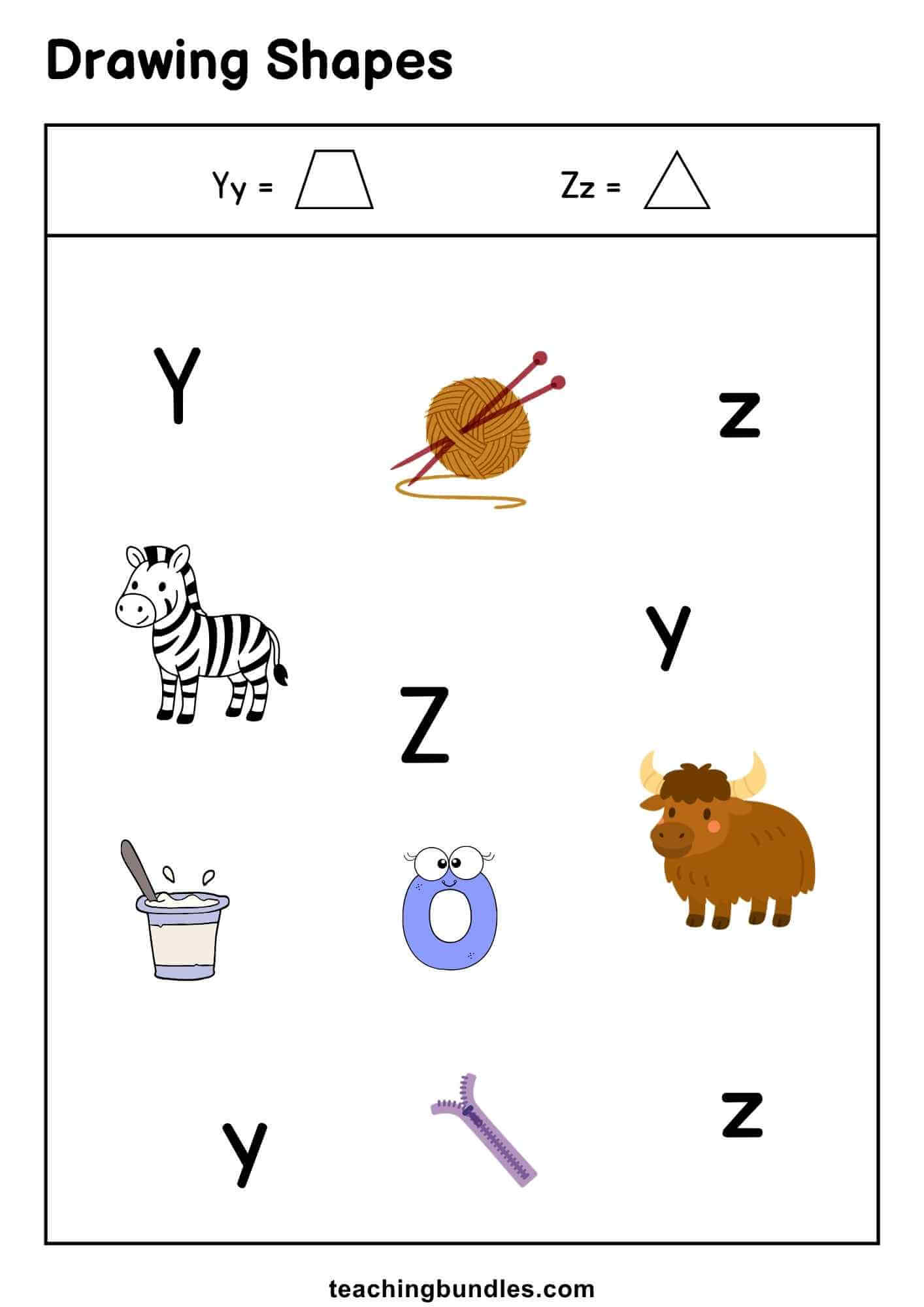 Shape activity sheet connecting Y, Z letters with shapes.