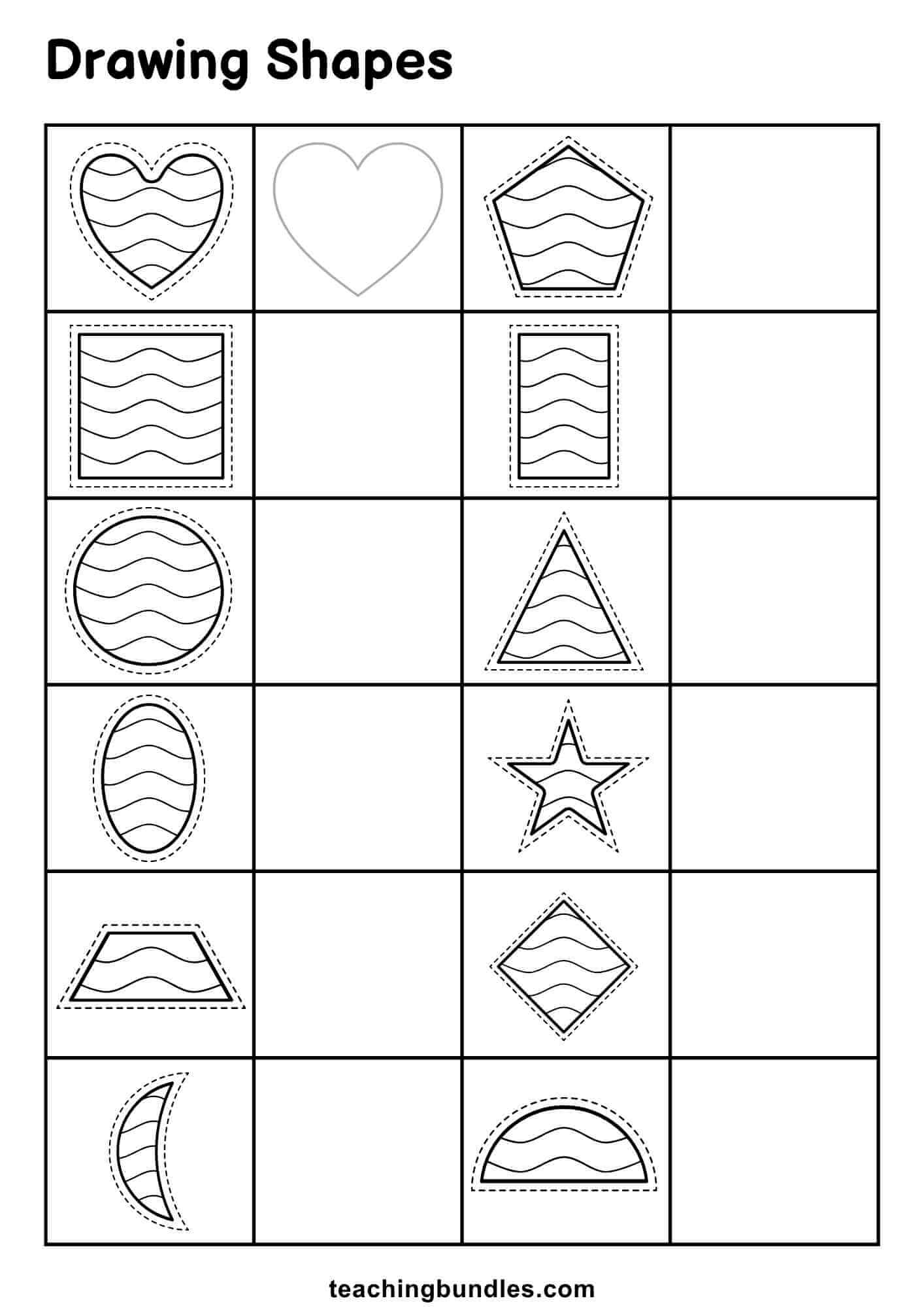 Shape drawing activity sheet with guided outlines for children.