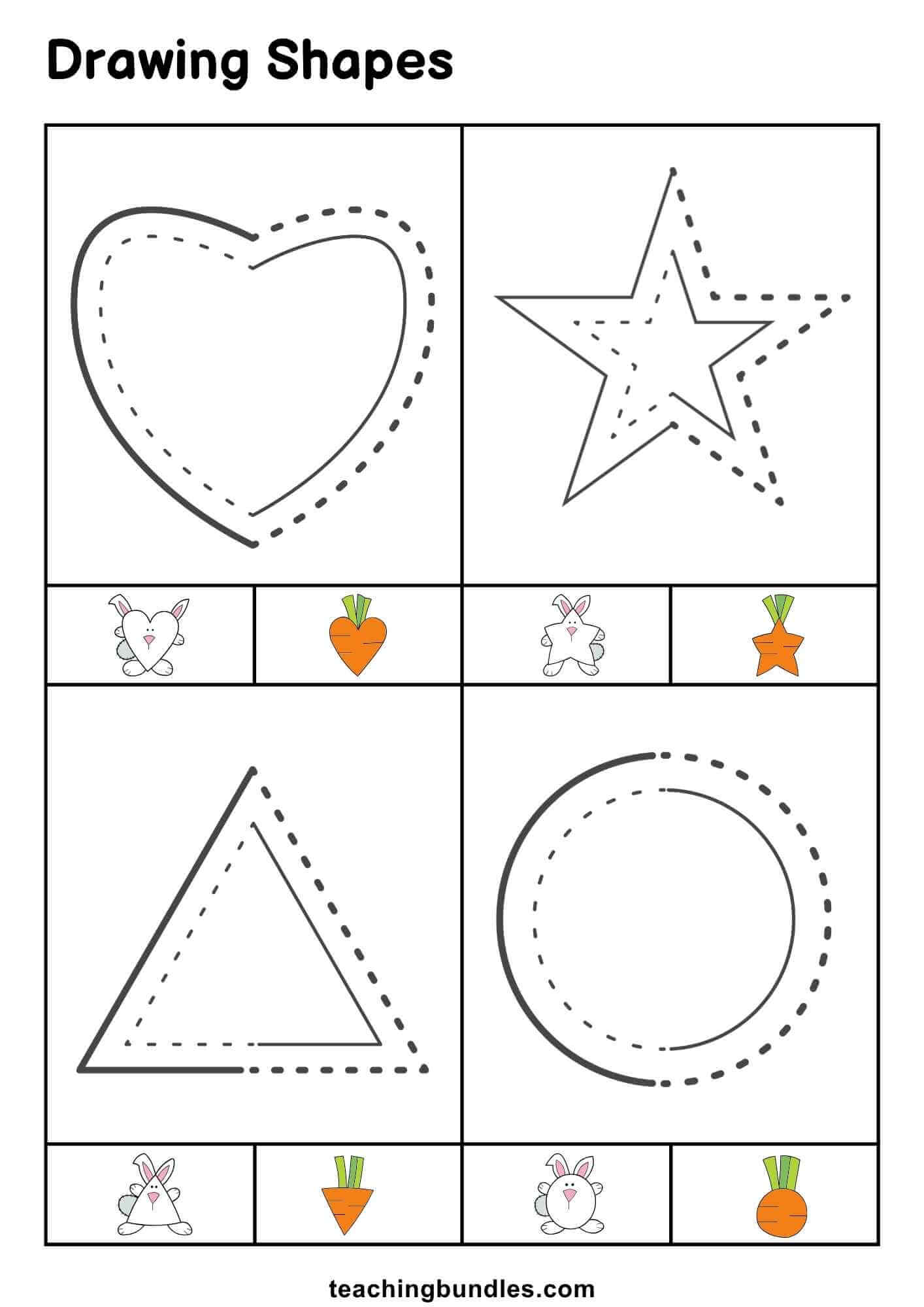 Tracing and drawing practice worksheet with heart, star, triangle, and circle.