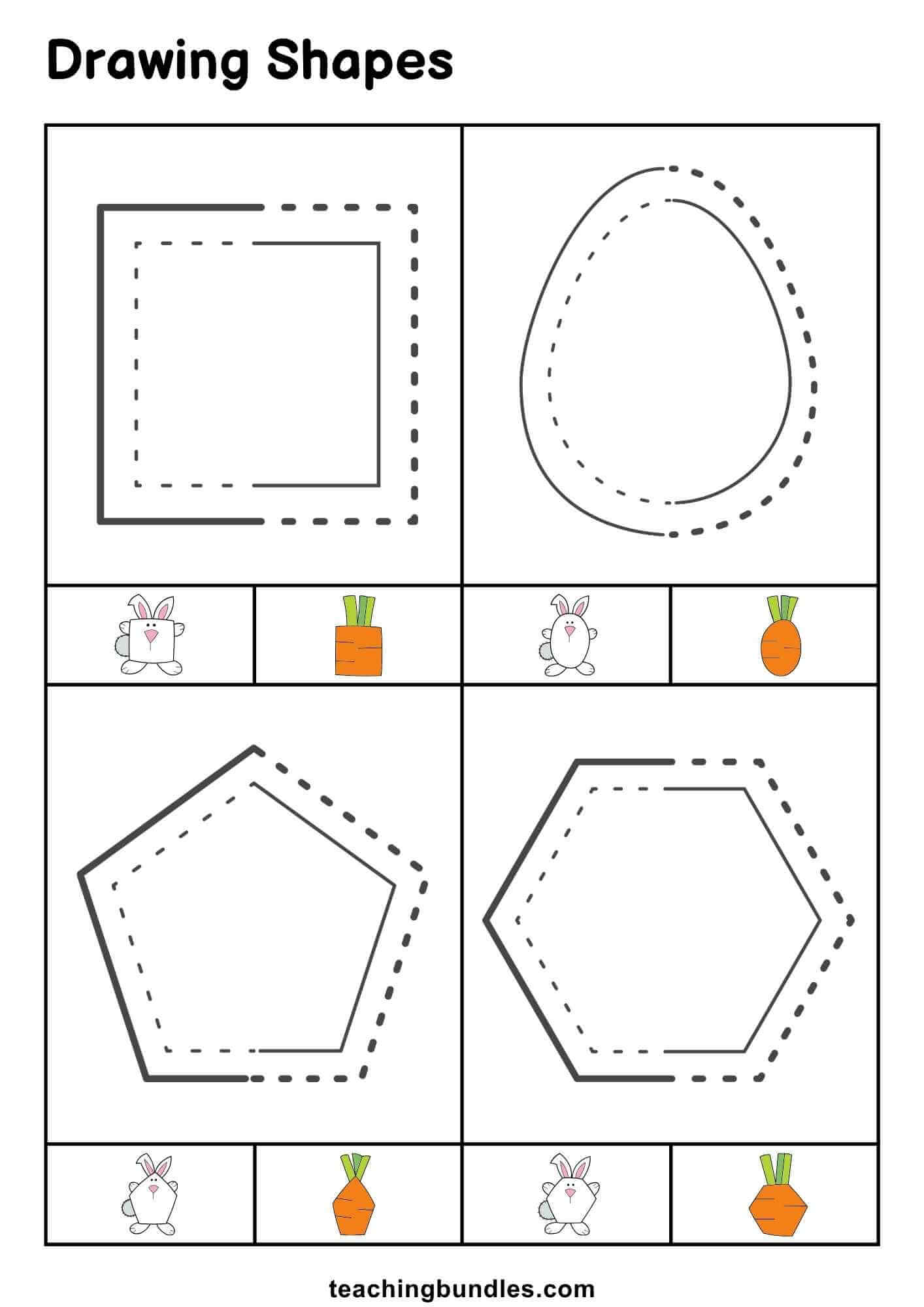 Tracing and drawing practice worksheet with square, oval, pentagon, and hexagon.