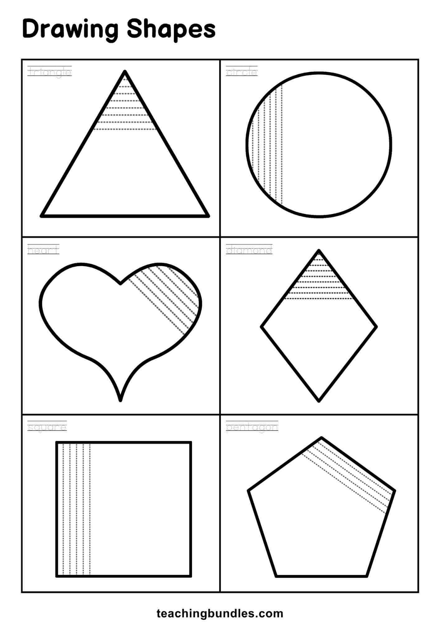Drawing worksheet designed to teach kids basic geometric shapes.