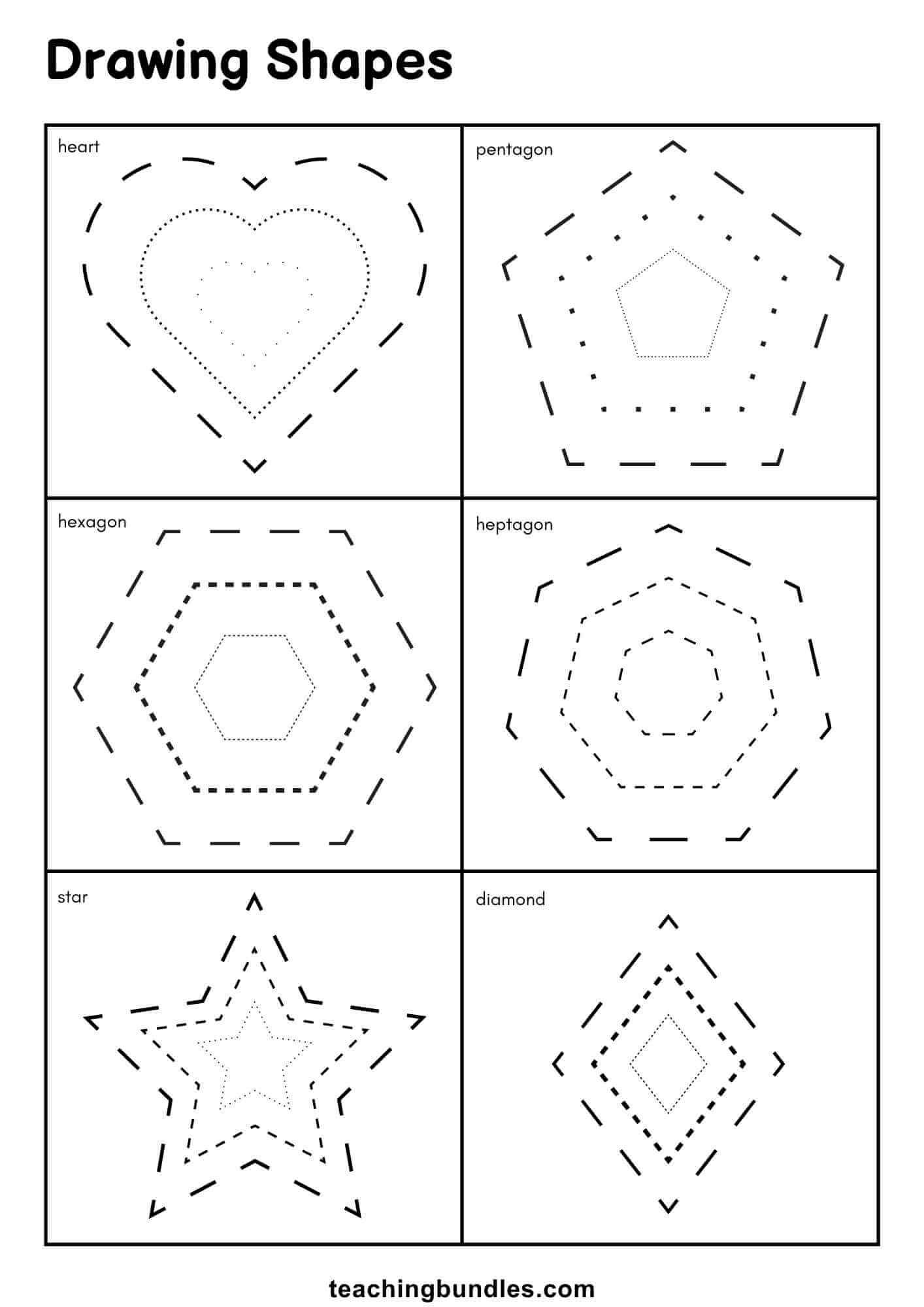 Drawing activity worksheet for kids to learn heart, star, and polygon shapes.