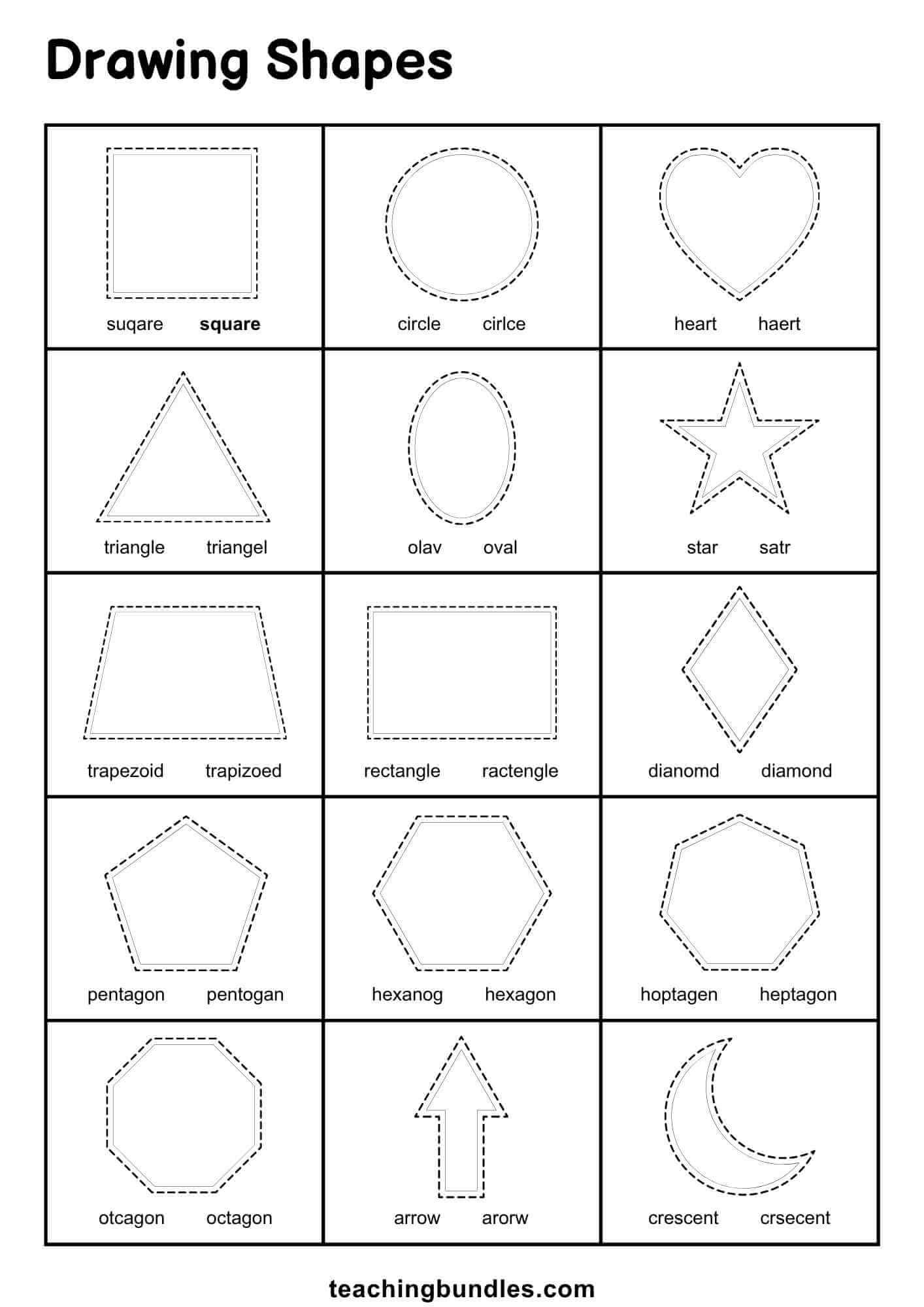 Printable worksheet combining shape tracing with spelling practice for  kids.
