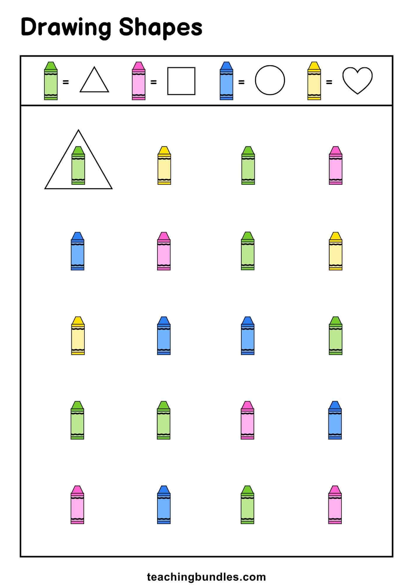 Drawing activity sheet teaching kids to identify shapes through color cues.