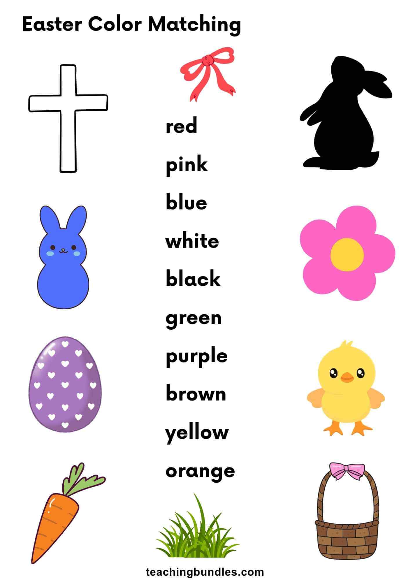 Preschool Easter color matching worksheet with holiday symbols.