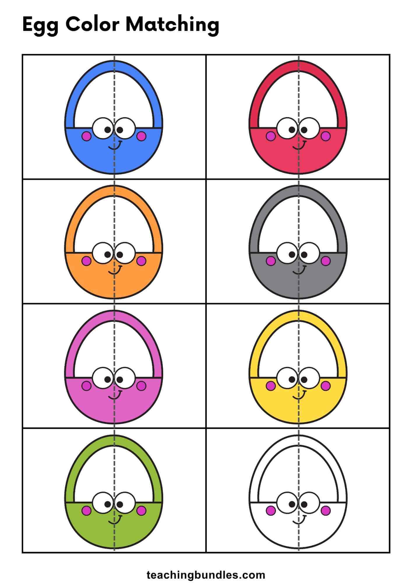 Preschool Easter egg color matching worksheet for learning colors.