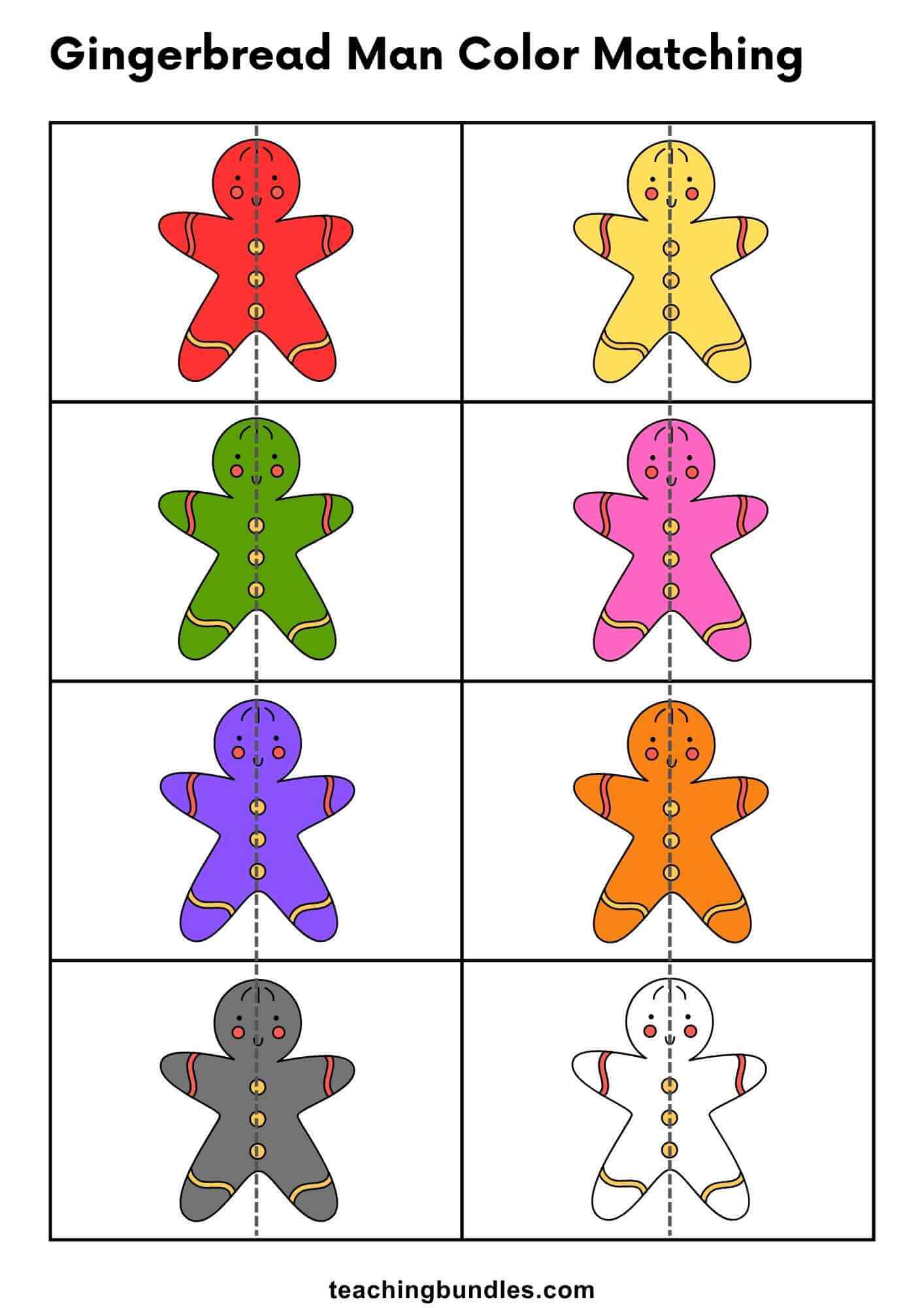 Preschool gingerbread man color matching worksheet for learning colors.