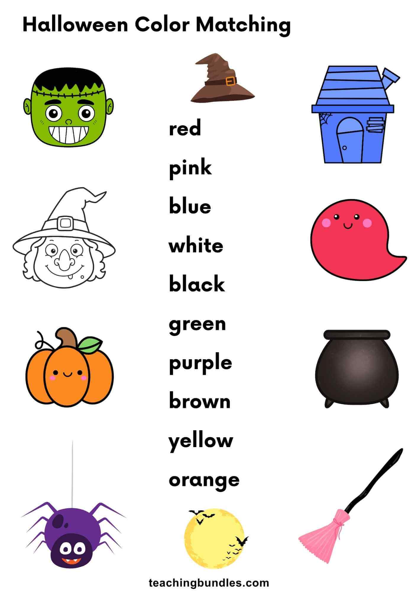 Preschool Halloween color matching worksheet with holiday symbols.
