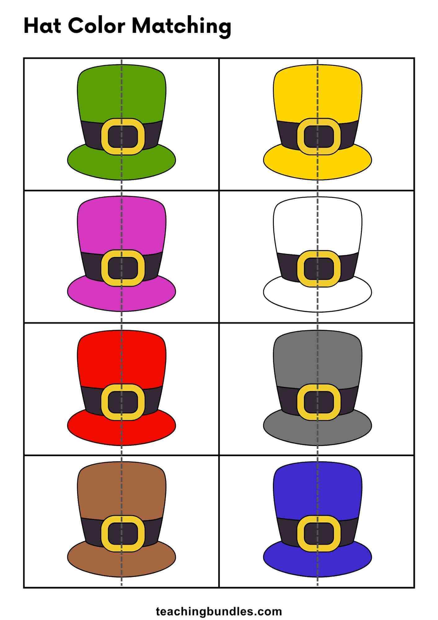 Preschool St. Patrick’s Day hat color matching worksheet for learning colors.