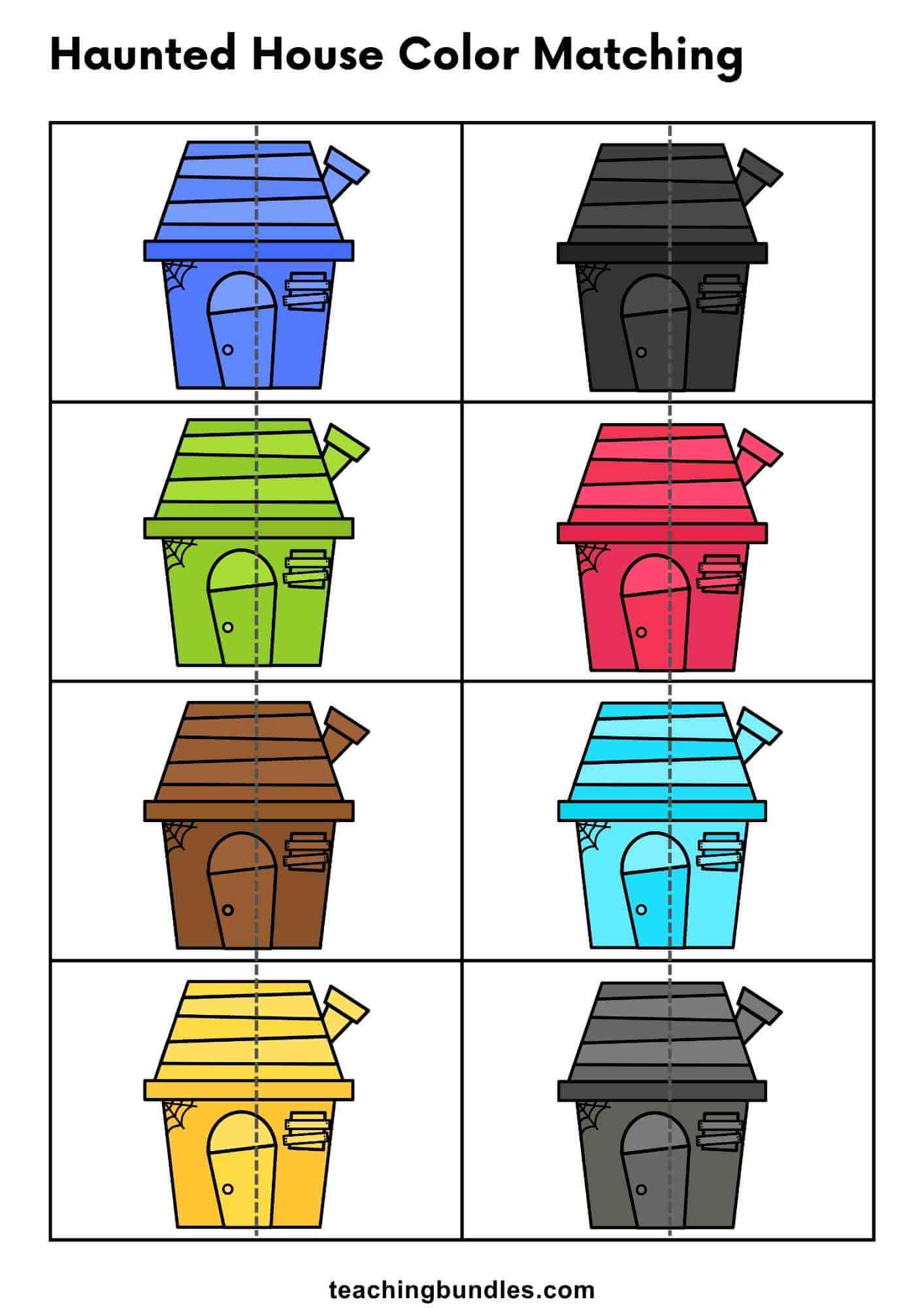 Preschool haunted house color matching worksheet for learning colors.