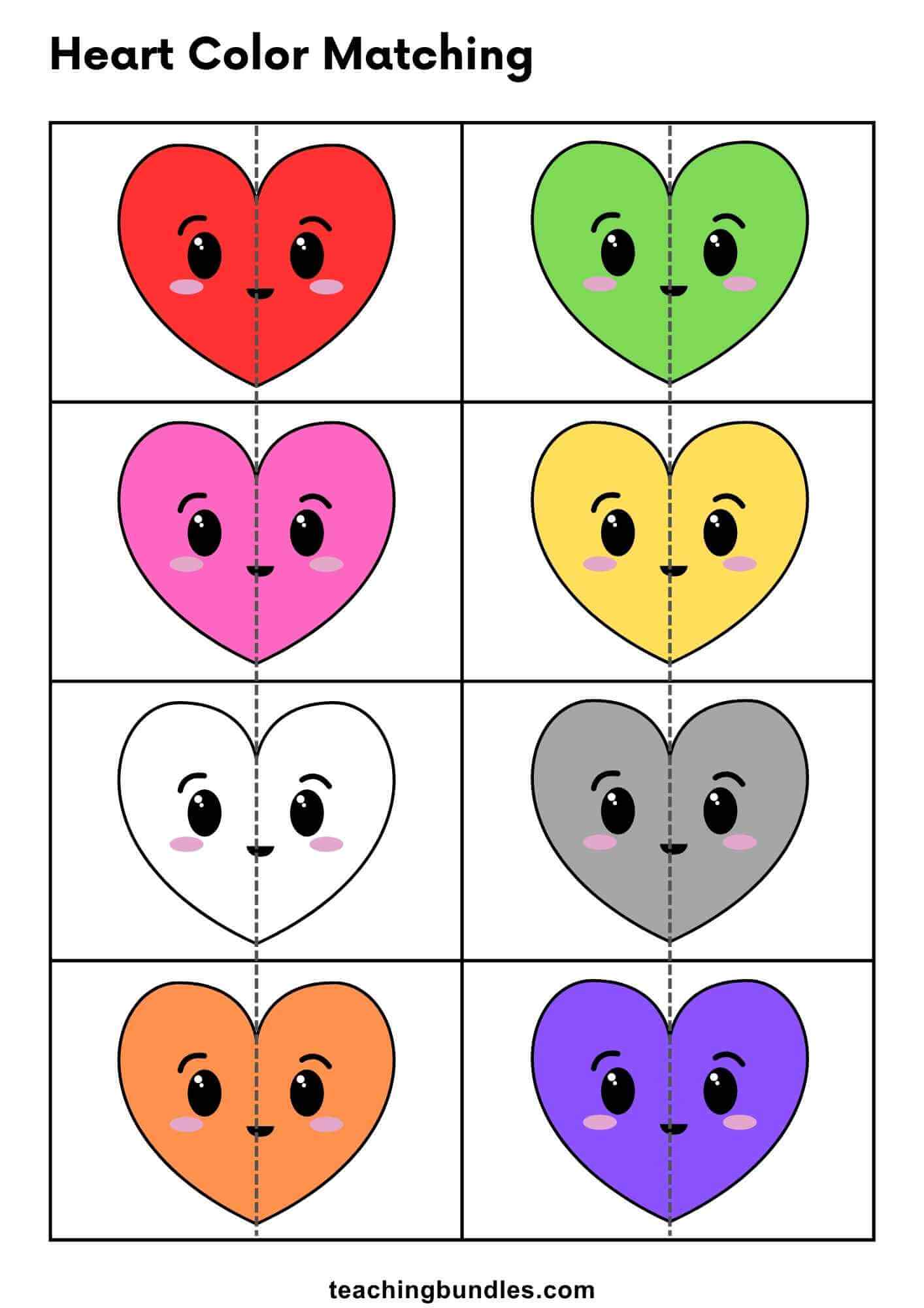 Preschool heart color matching worksheet for learning colors.