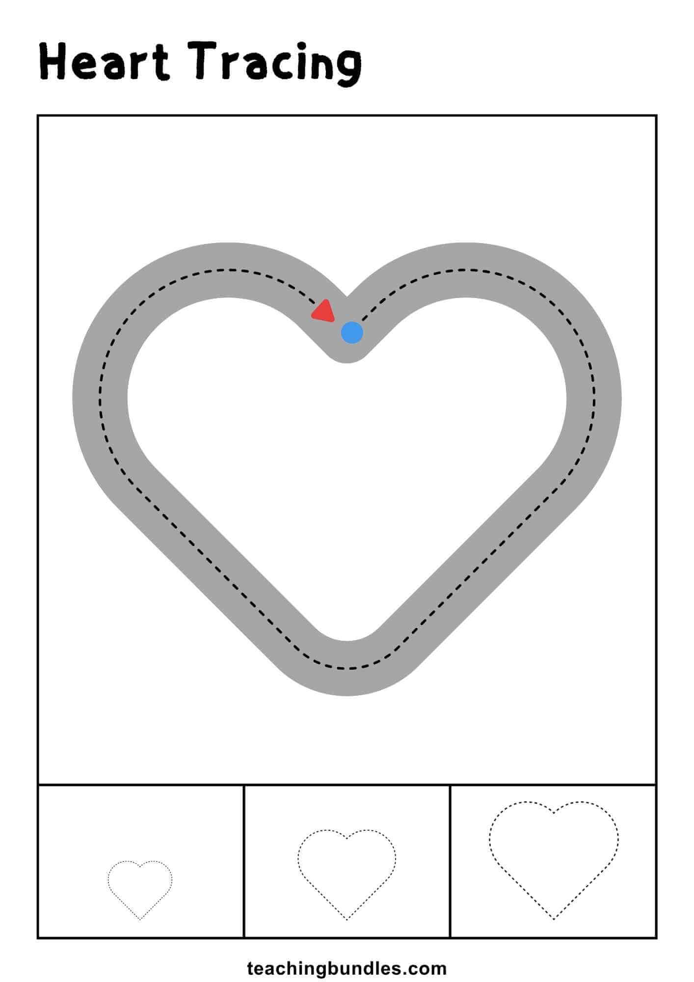 Heart tracing worksheet with large and small practice outlines.