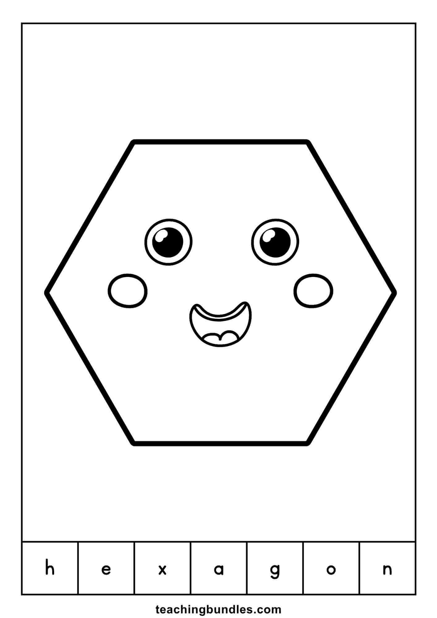 Hexagon learning flashcard that teaches shape and word recognition.