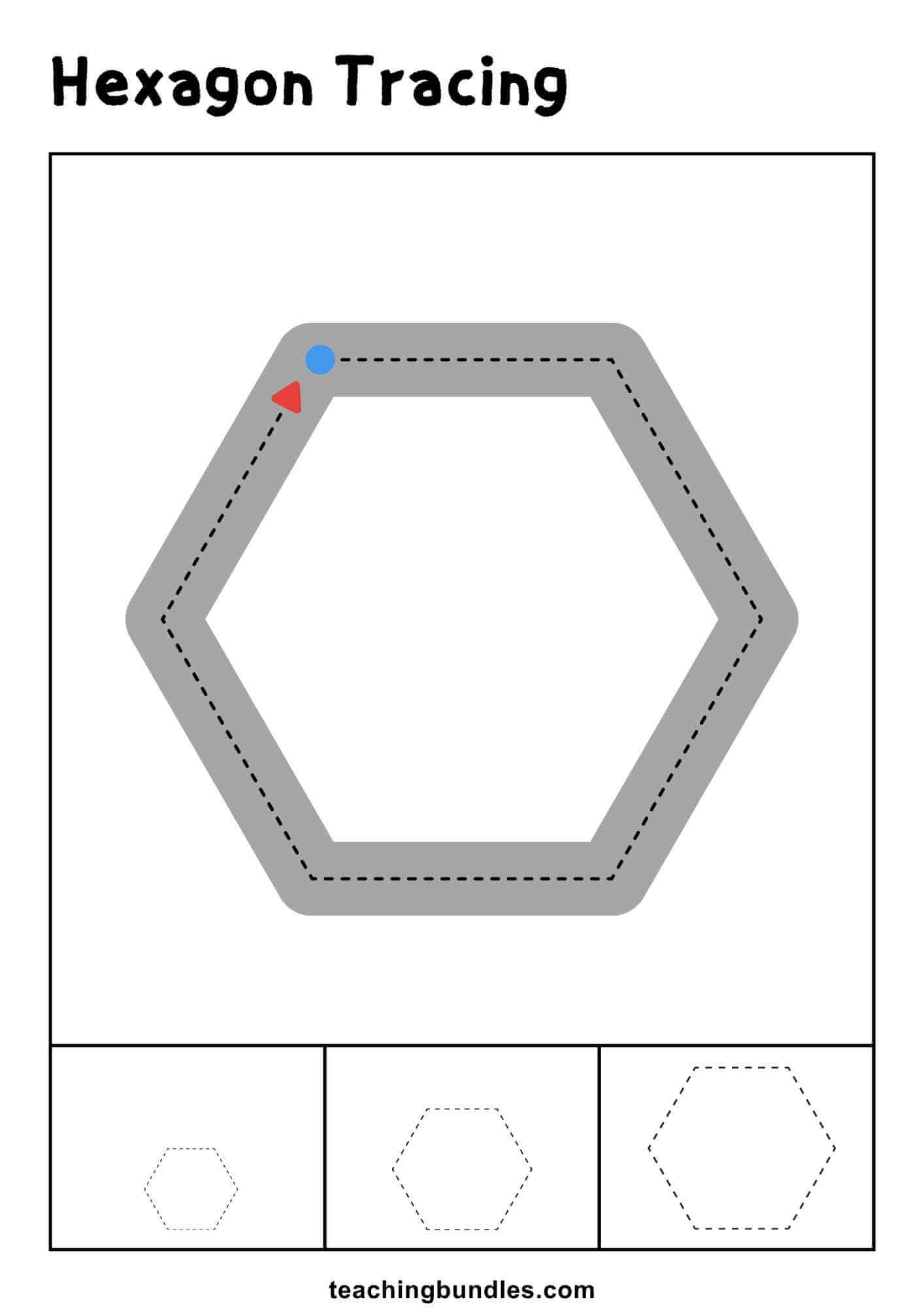 Hexagon tracing worksheet with large and small practice outlines.