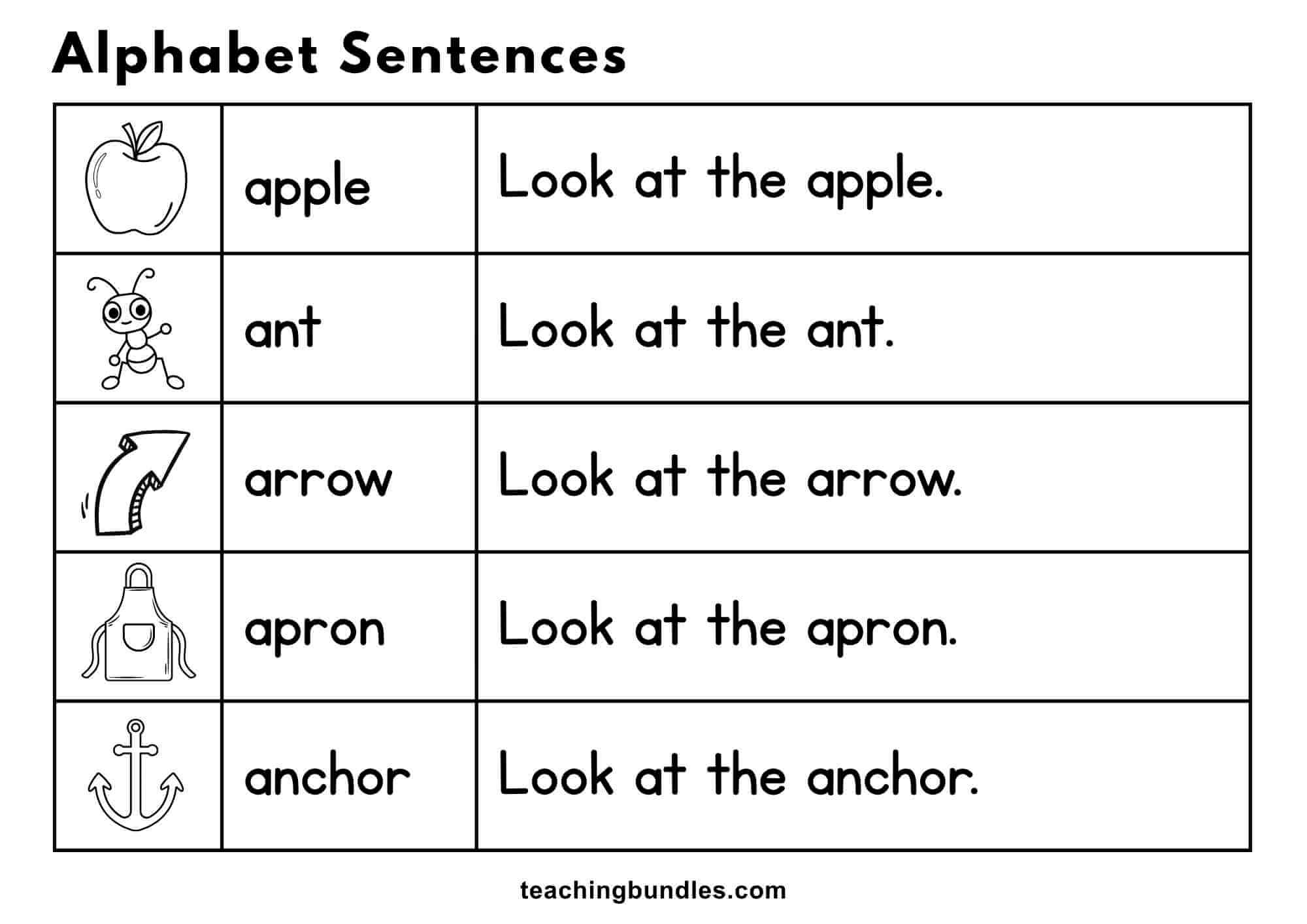 Alphabet worksheet with pictures and sentences for apple, ant, arrow, apron, and anchor.