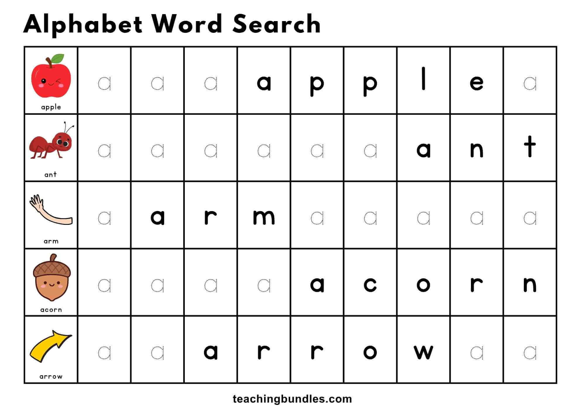 Alphabet word search worksheet with letter A words and pictures.