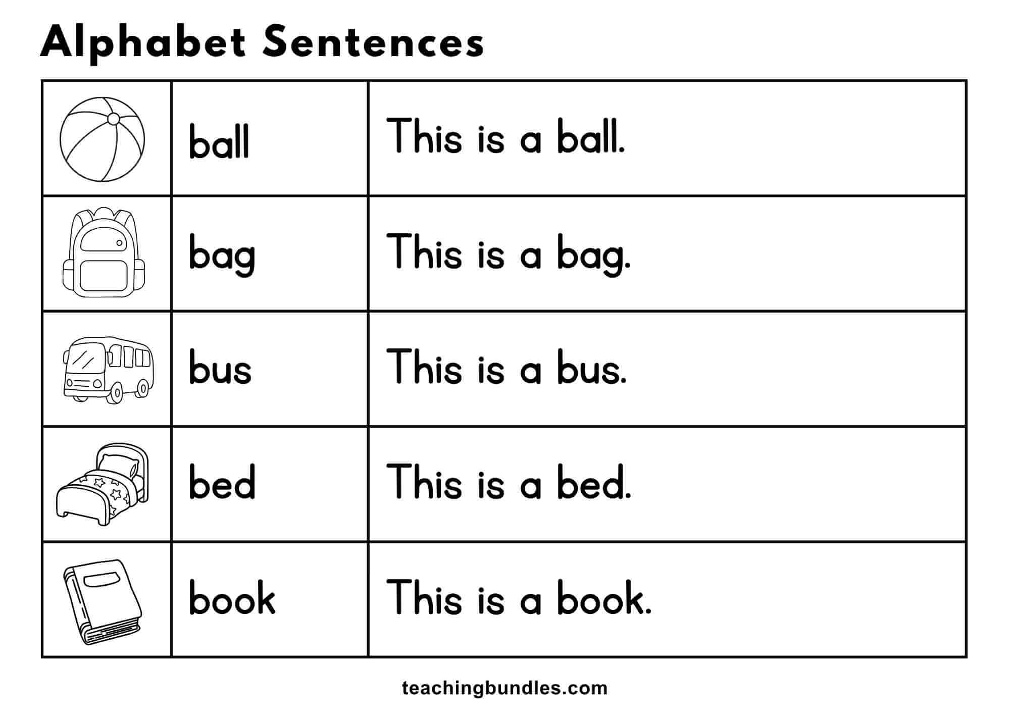 Alphabet worksheet with pictures and sentences for ball, bag, bus, bed, and book.