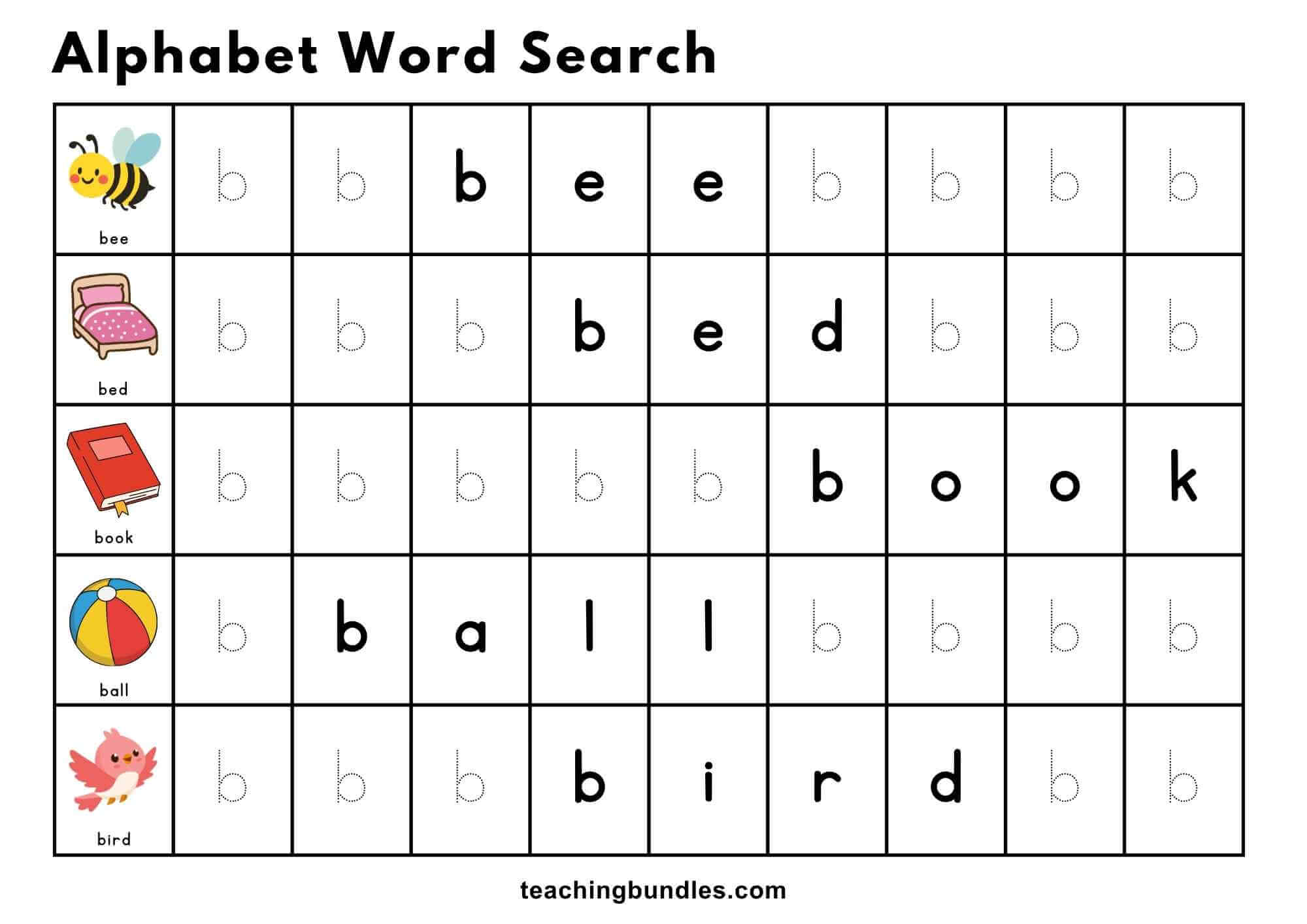 Alphabet word search worksheet with letter B words and pictures.