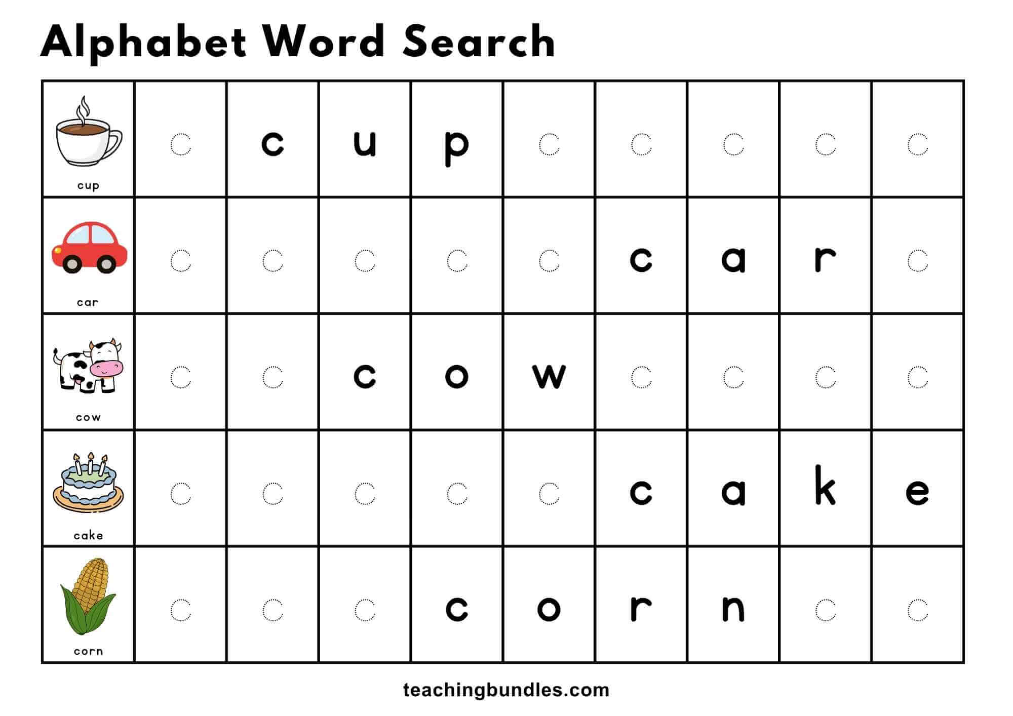 Alphabet word search worksheet with letter C words and pictures.