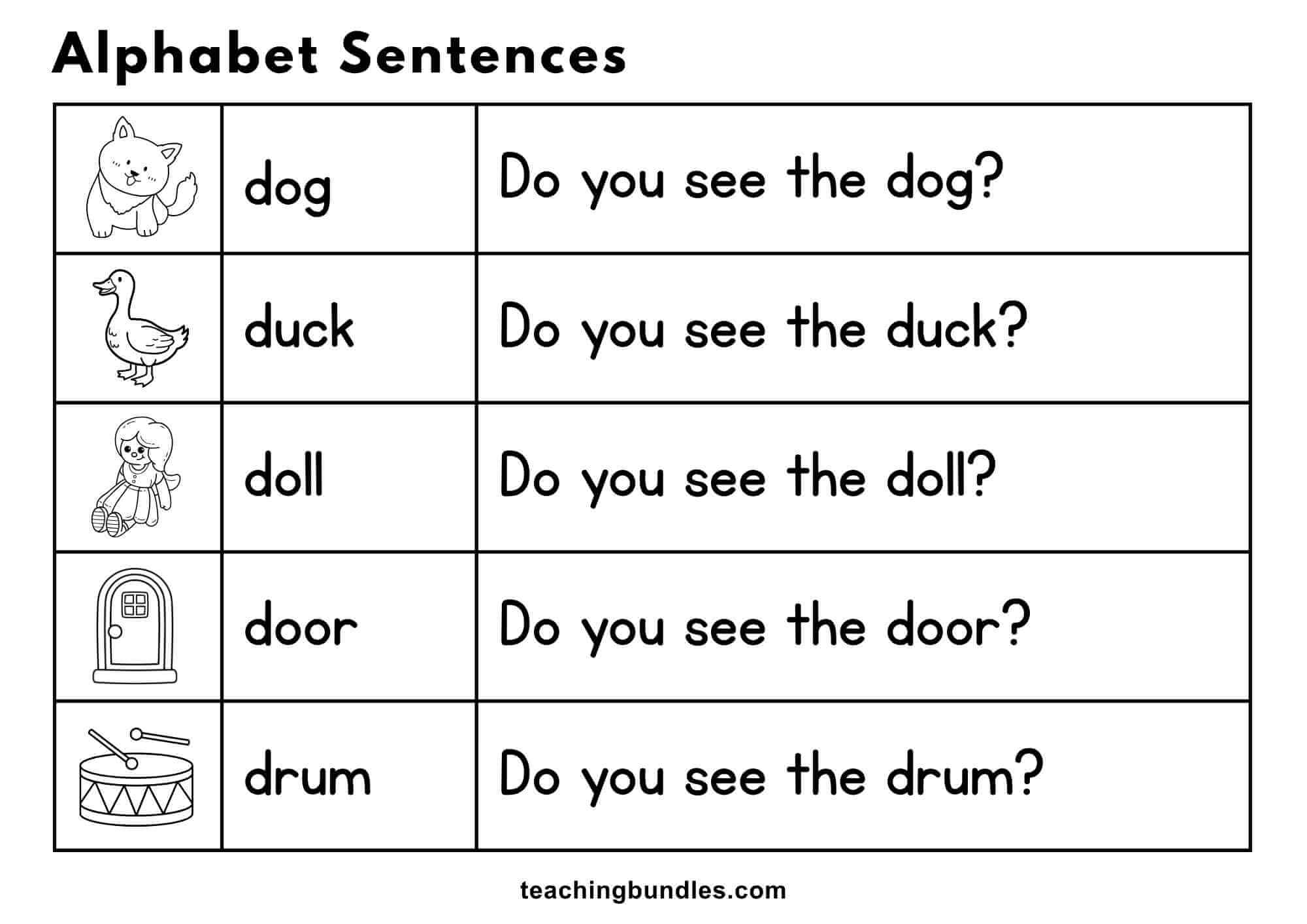 Alphabet worksheet with pictures and sentences for dog, duck, doll, door, and drum.