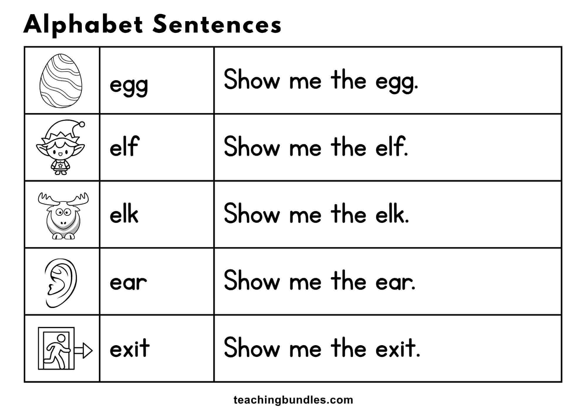 Alphabet worksheet with pictures and sentences for egg, elf, elk, ear, and exit.