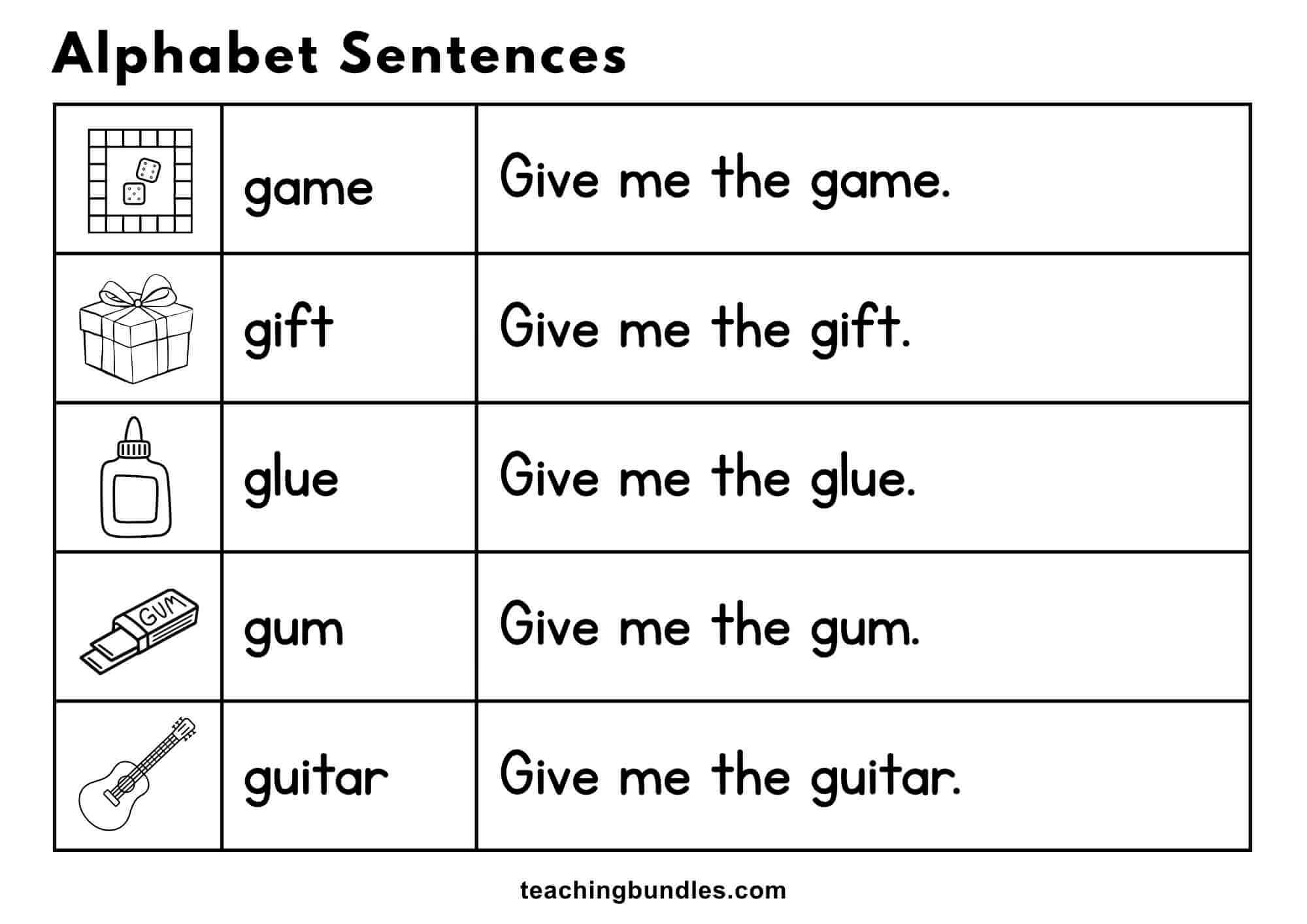 Alphabet worksheet with pictures and sentences for game, gift, glue, gum, and guitar.