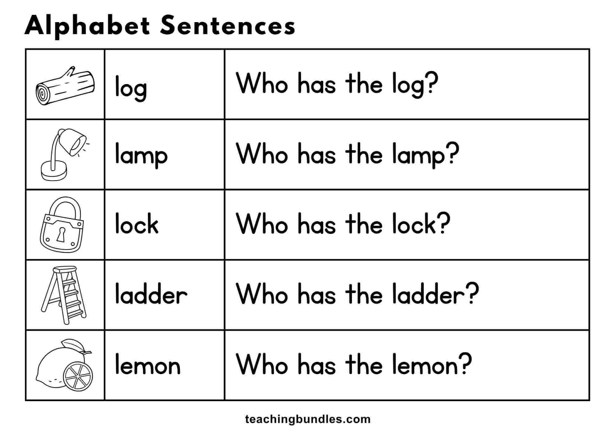Alphabet worksheet with pictures and sentences for log, lamp, lock, ladder, and lemon.