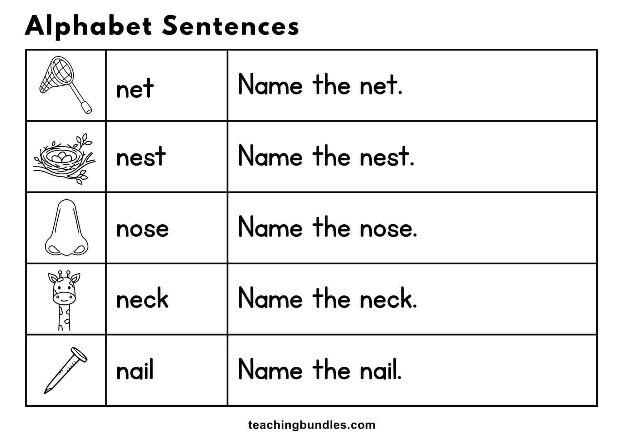 Alphabet worksheet with pictures and sentences for net, nest, nose, neck, and nail.