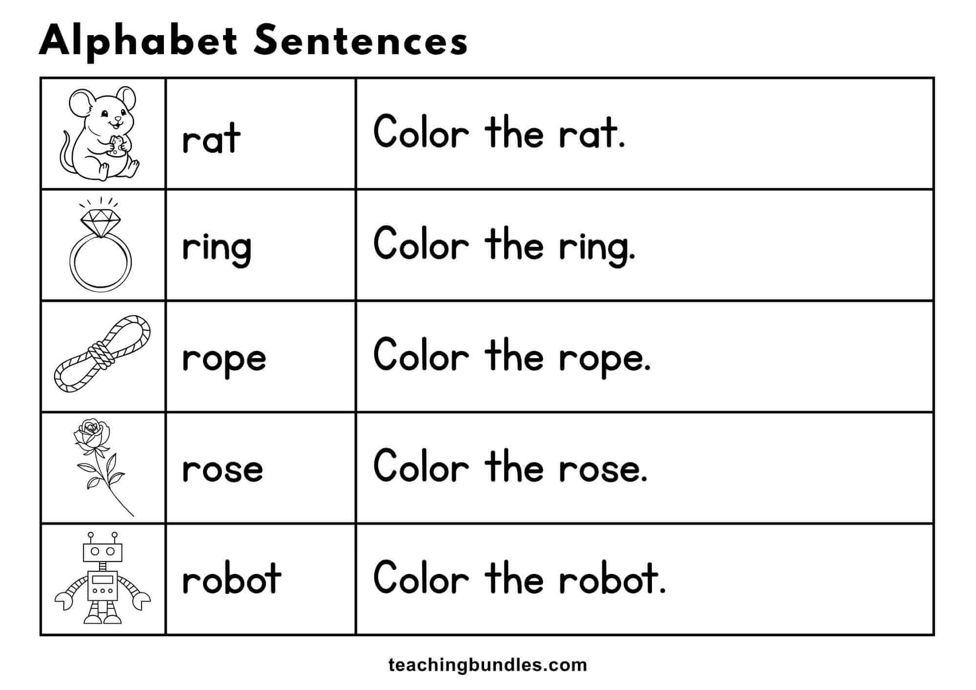 Alphabet worksheet with pictures and sentences for rat, ring, rope, rose, and robot.