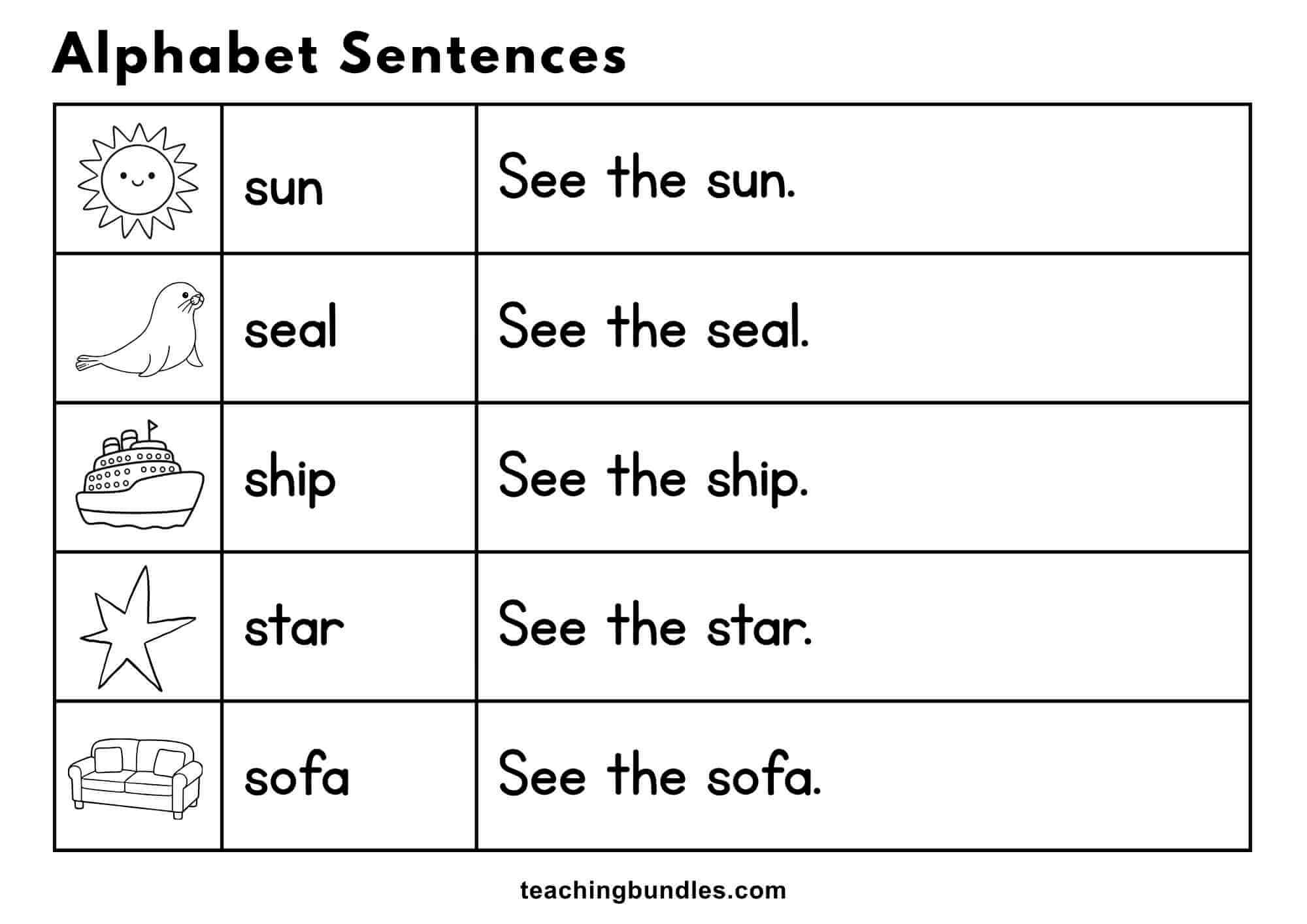 Alphabet worksheet with pictures and sentences for sun, seal, ship, star, and sofa.
