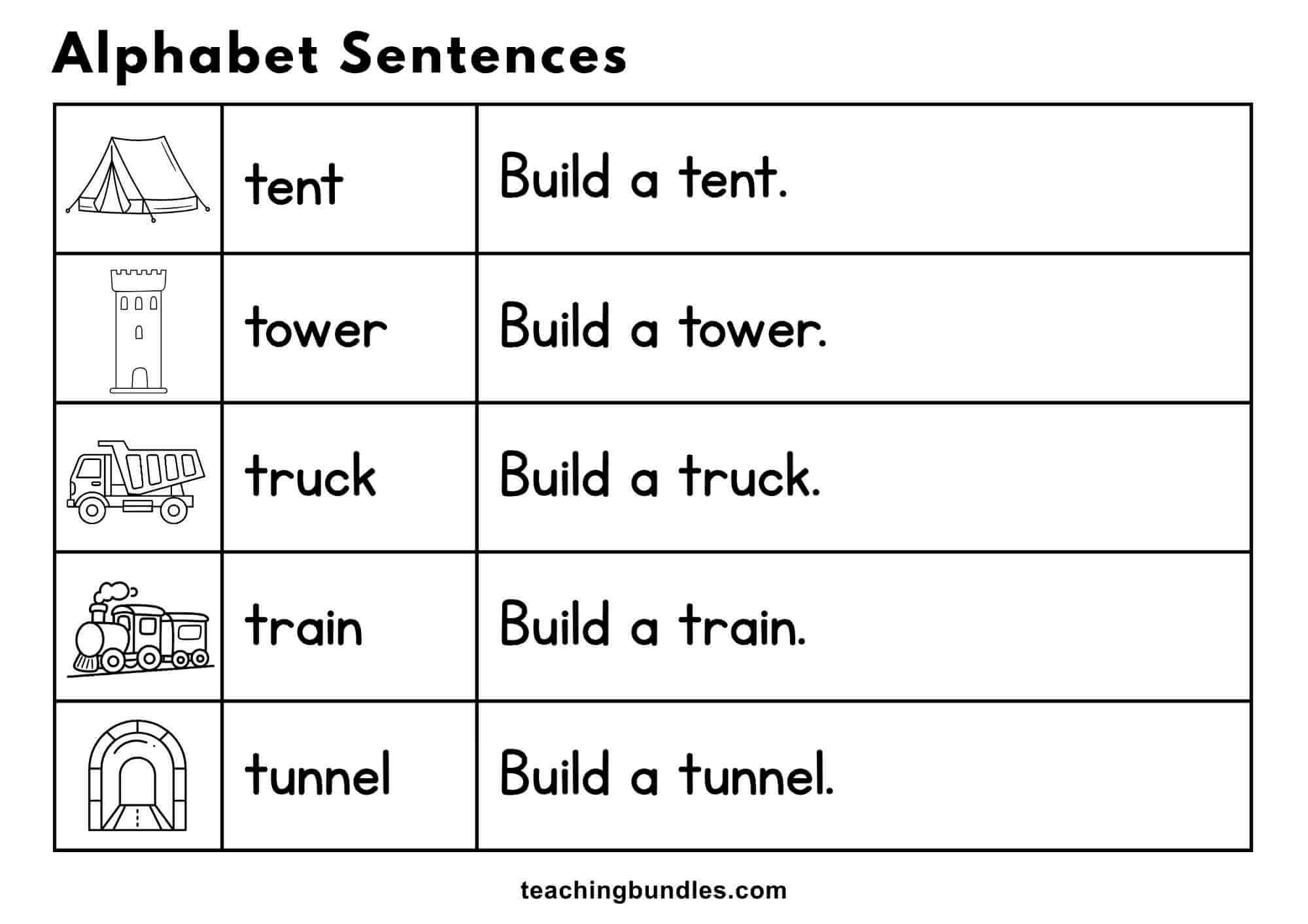 Alphabet worksheet with pictures and sentences for tent, tower, truck, train, and tunnel.