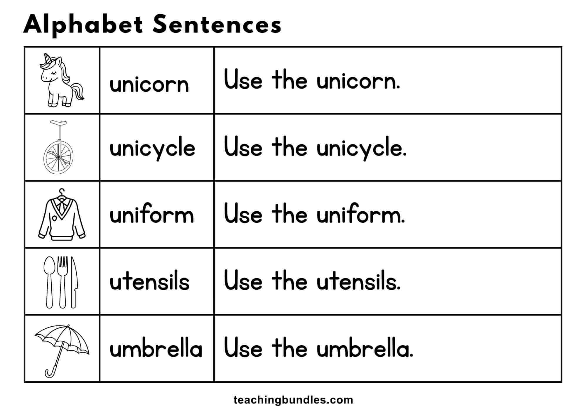 Alphabet worksheet with pictures and sentences for unicorn, unicycle, uniform, utensils, and umbrella.