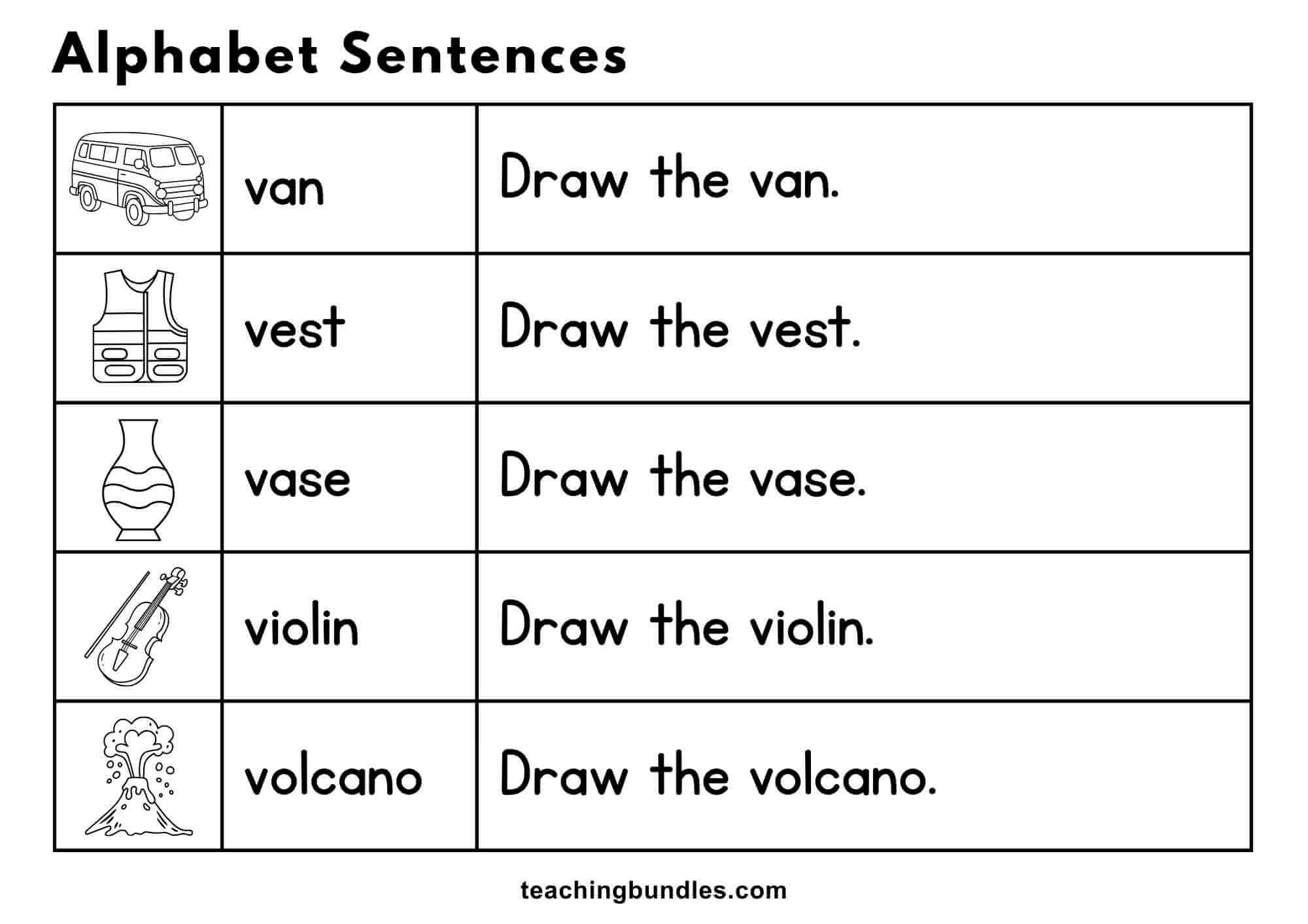 Alphabet worksheet with pictures and sentences for van, vest, vase, violin, and volcano.