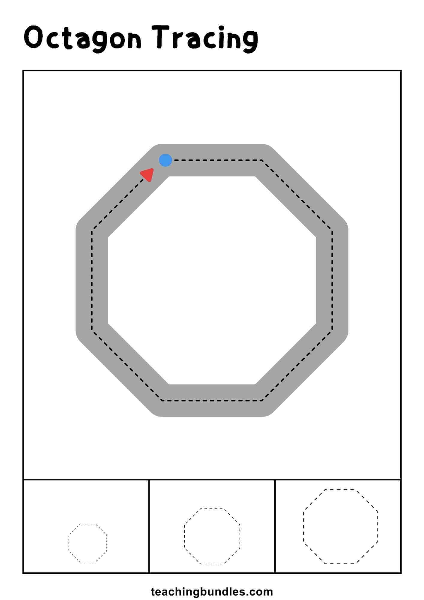 Octagon tracing worksheet with large and small practice outlines.