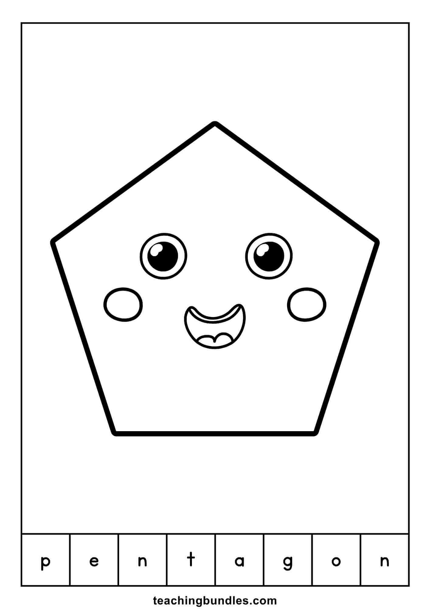 Pentagon learning flashcard that teaches shape and word recognition.