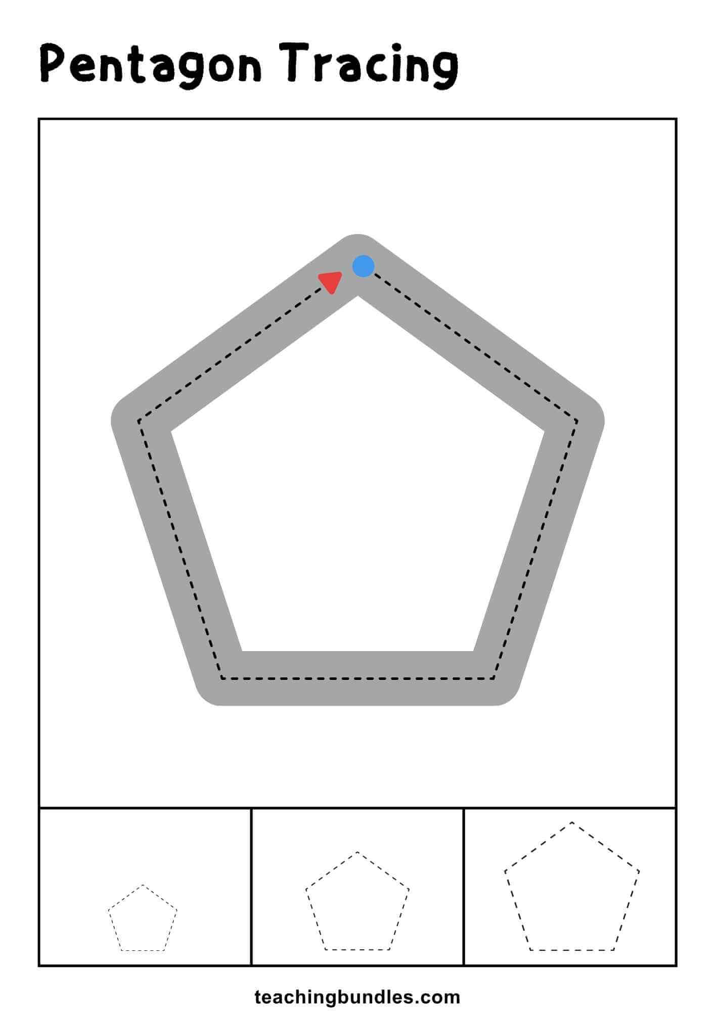 Pentagon tracing worksheet with large and small practice outlines.