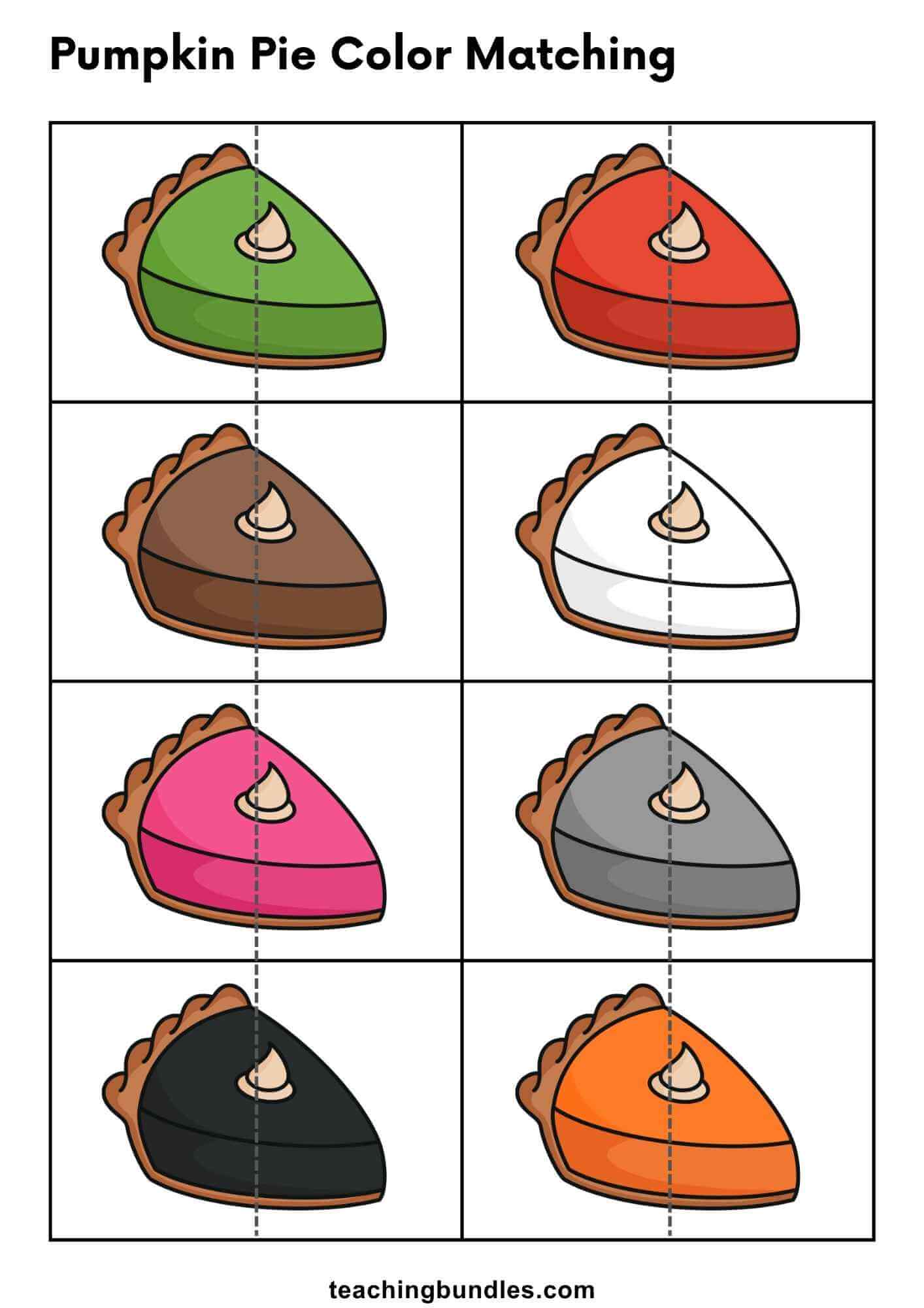 Preschool pumpkin pie color matching worksheet for learning colors.