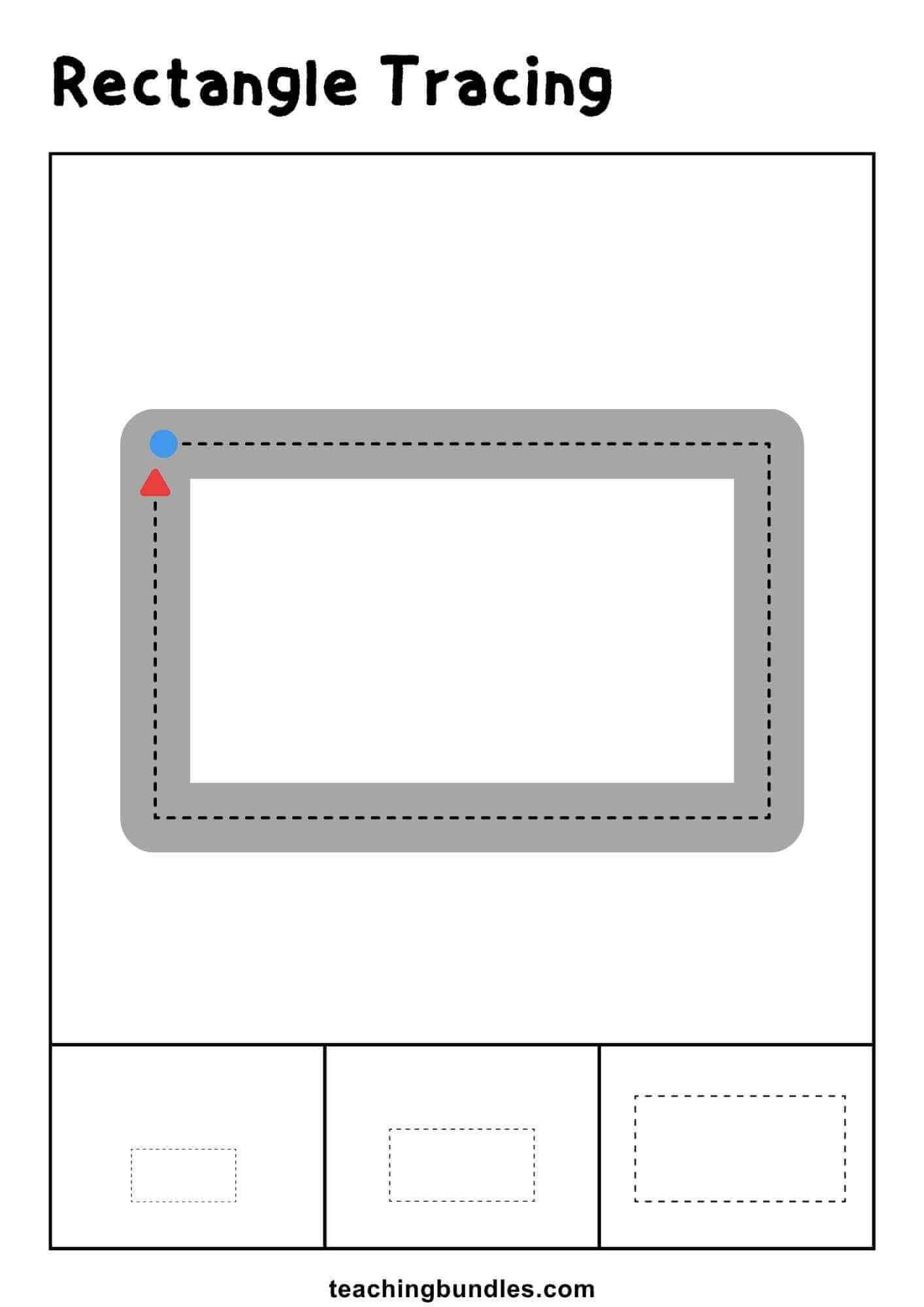 Rectangle tracing worksheet with large and small practice outlines.